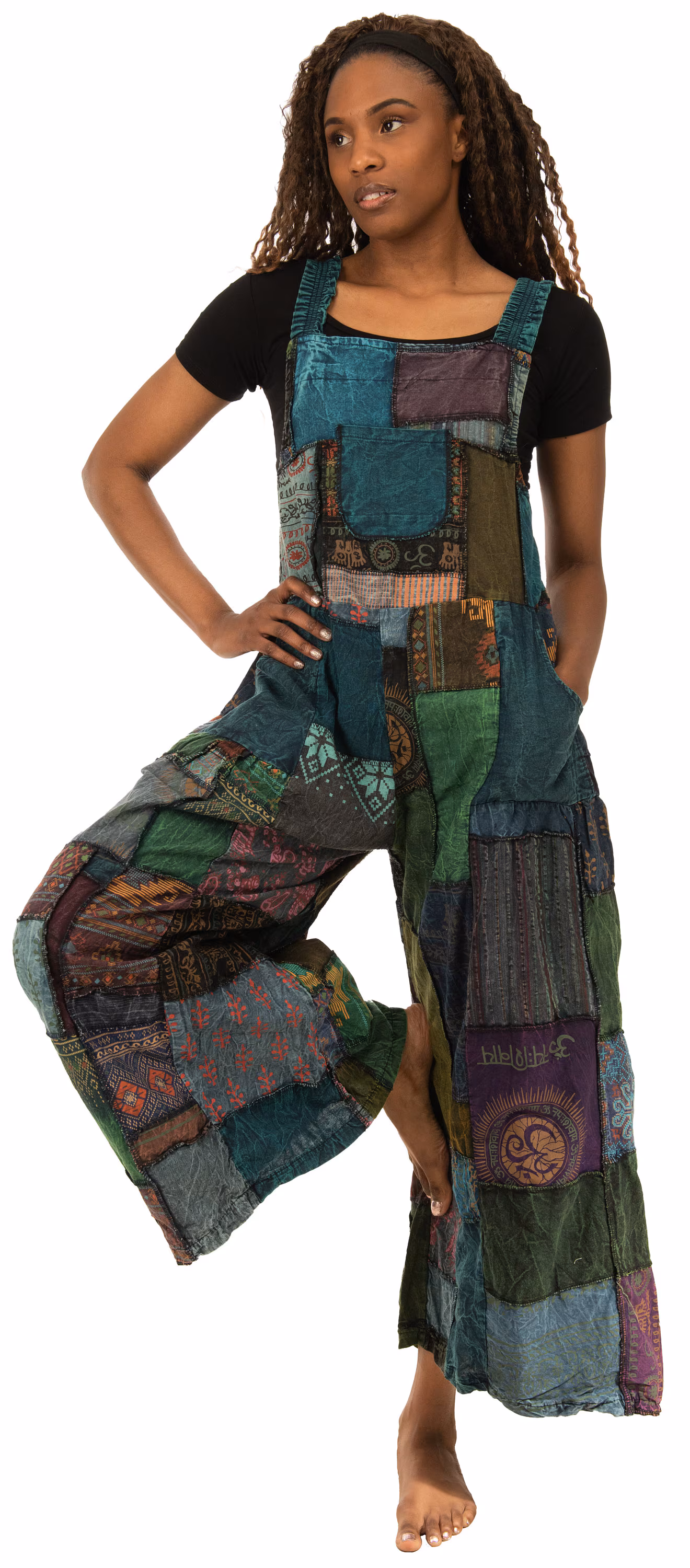 Patchwork Jumpsuit with Wide-Leg  Overalls With Pockets and Adjustable Straps Pants  Wide Leg Pants Hippie Pants  Patchwork Pants