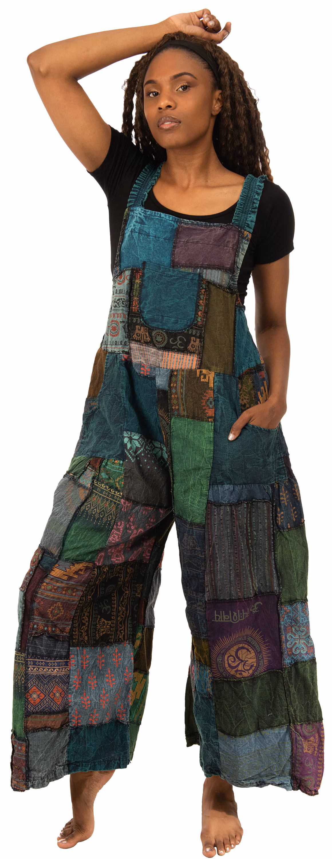 Patchwork Jumpsuit with Wide-Leg  Overalls With Pockets and Adjustable Straps Pants  Wide Leg Pants Hippie Pants  Patchwork Pants