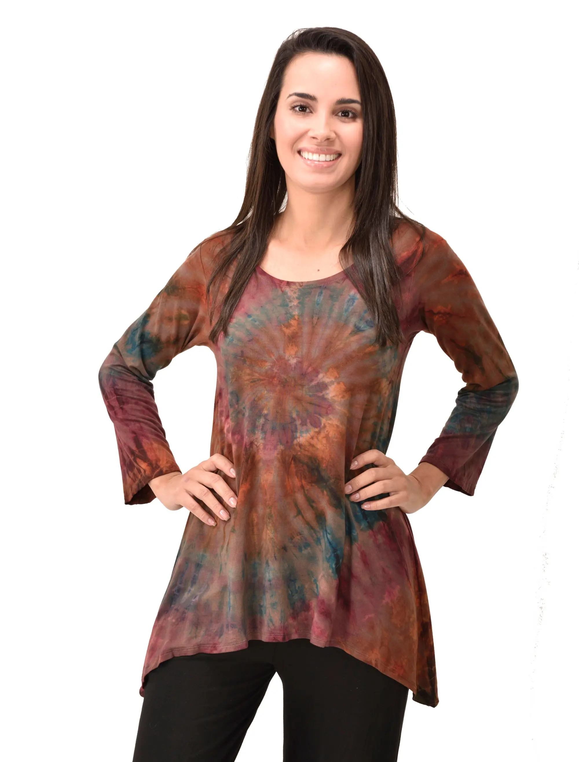 Top Three-Quarter Sleeve Tunic Tie Dye Mudmee Ikat style hand Painted on quality Rayon Spandex blended fabric Bohemian Chic Festival Skirt