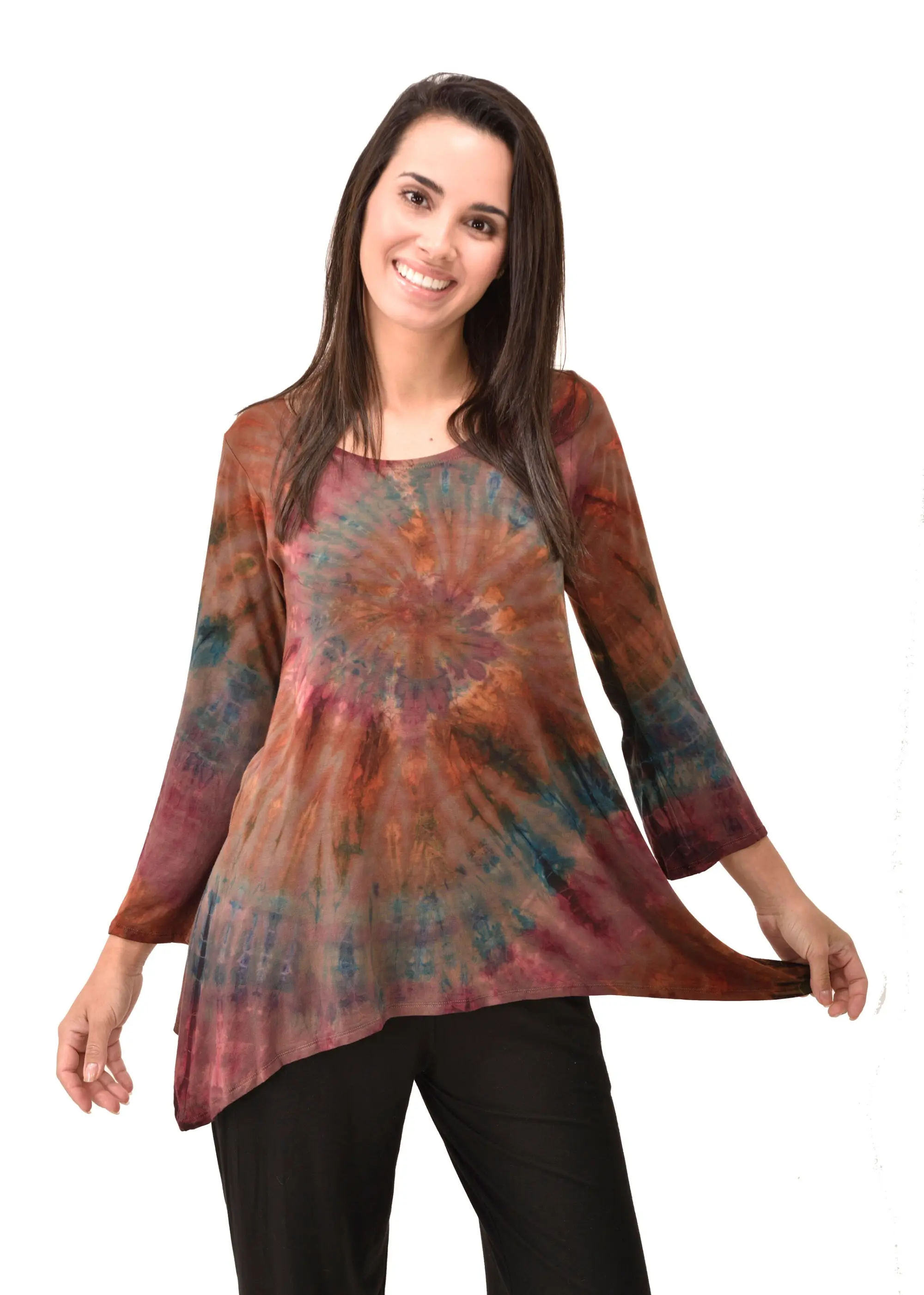Top Three-Quarter Sleeve Tunic Tie Dye Mudmee Ikat style hand Painted on quality Rayon Spandex blended fabric Bohemian Chic Festival Skirt