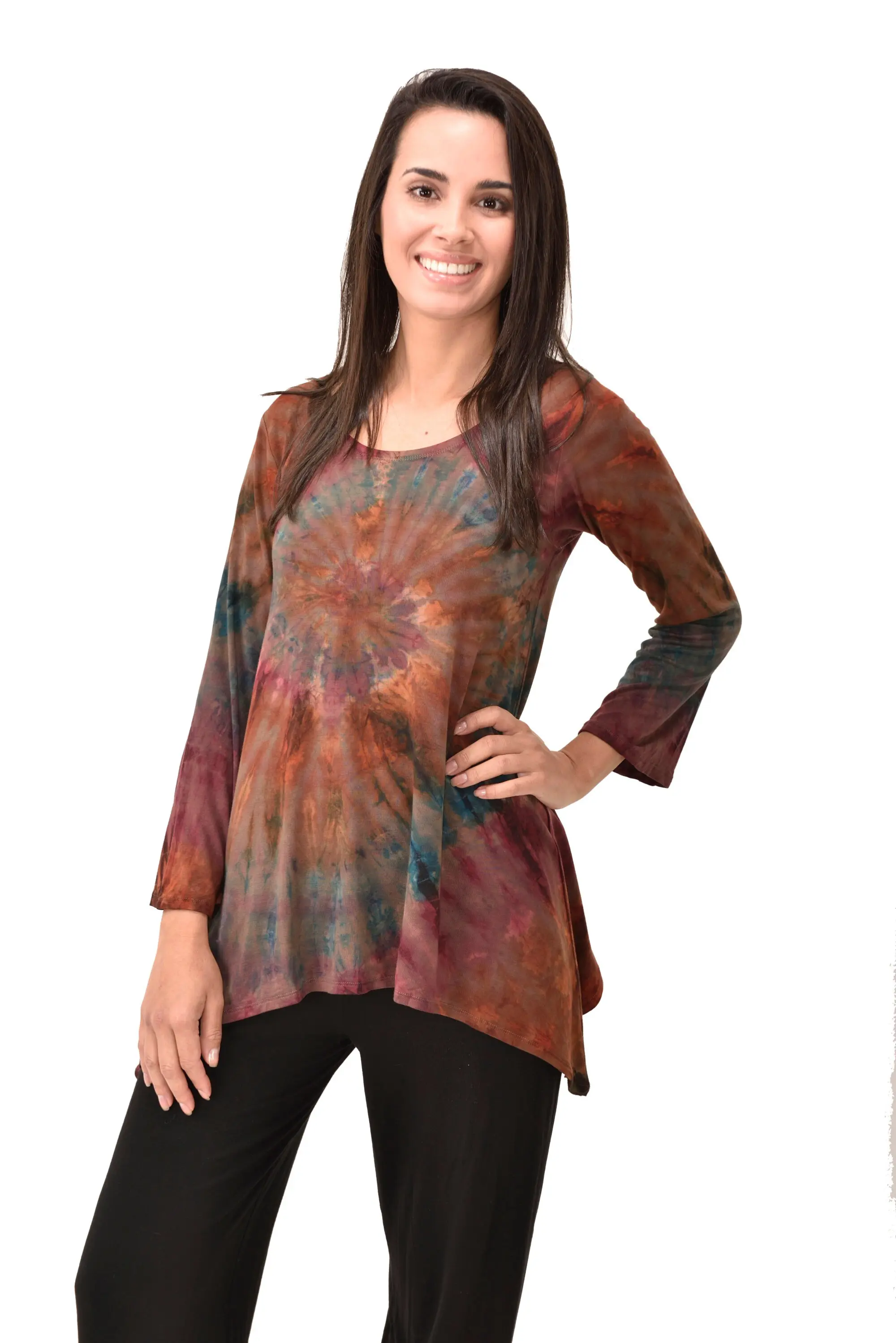 Top Three-Quarter Sleeve Tunic Tie Dye Mudmee Ikat style hand Painted on quality Rayon Spandex blended fabric Bohemian Chic Festival Skirt