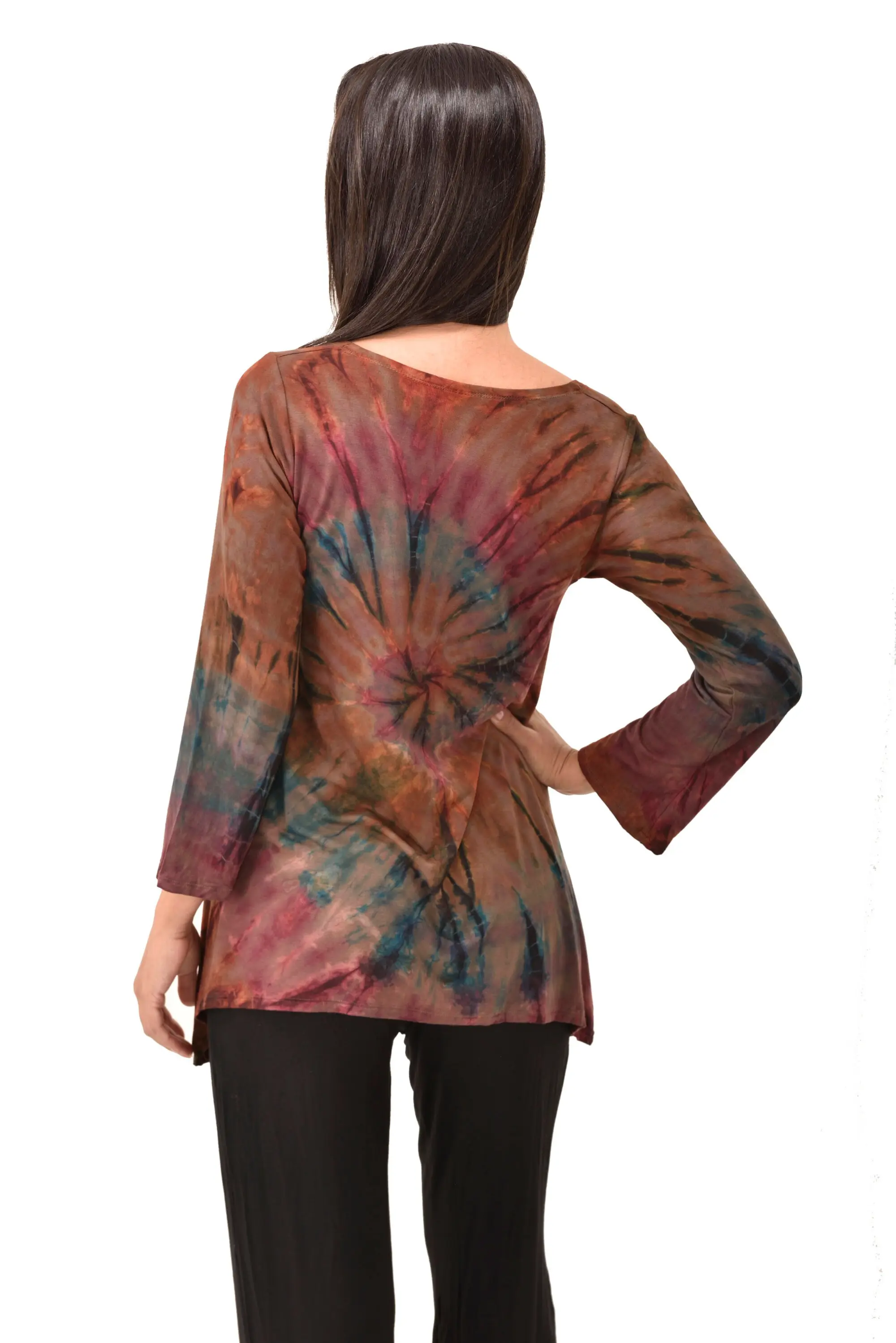 Top Three-Quarter Sleeve Tunic Tie Dye Mudmee Ikat style hand Painted on quality Rayon Spandex blended fabric Bohemian Chic Festival Skirt