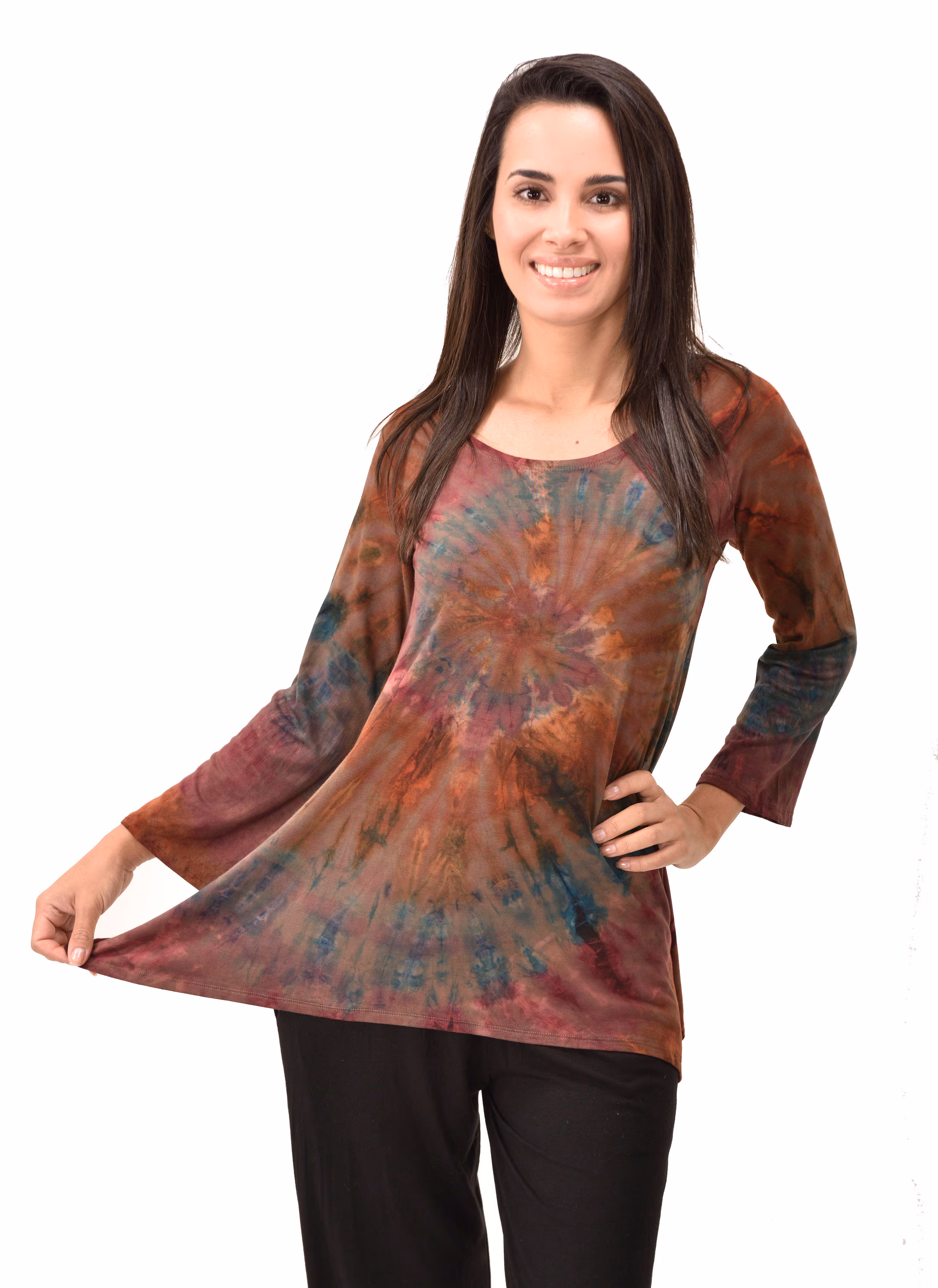 Top Three-Quarter Sleeve Tunic Tie Dye Mudmee Ikat style hand Painted on quality Rayon Spandex blended fabric Bohemian Chic Festival Skirt