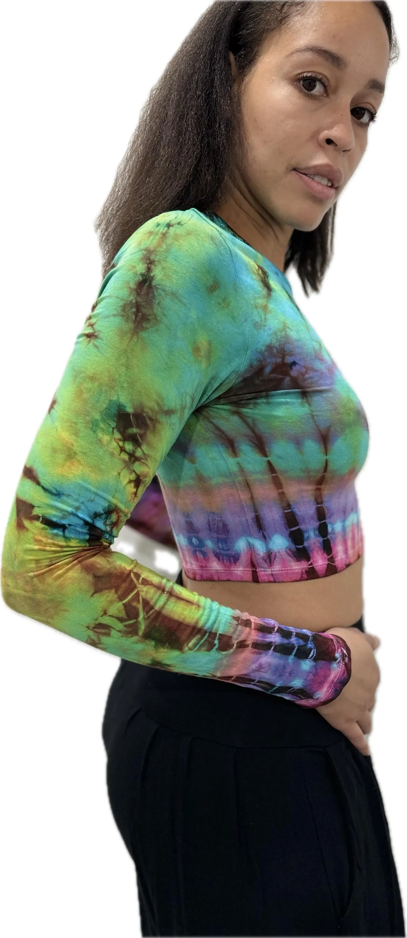 Top Long Sleeve crop top hippy blouse mudmee  reverse hand painted Tie Dye on silky soft Spandex Rayon blended fabric festival tee
