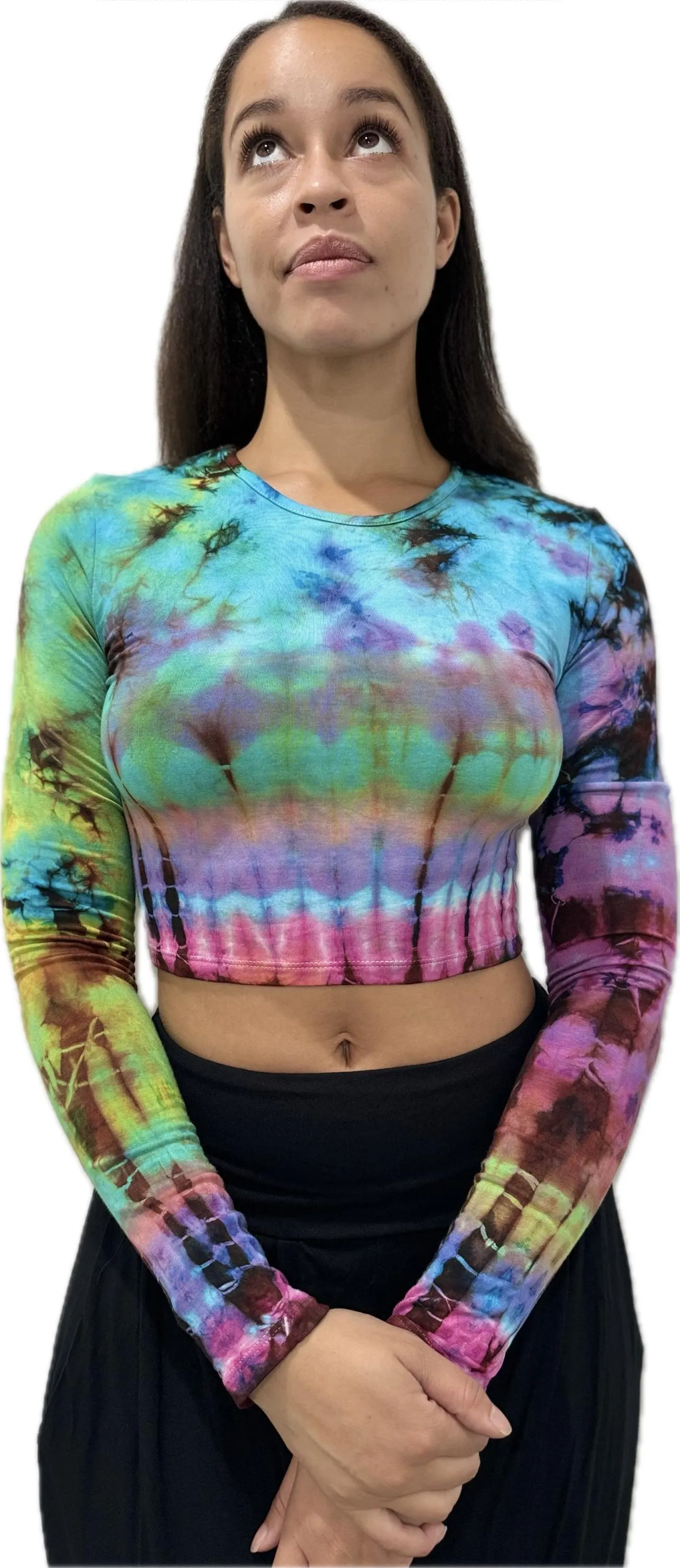 Top Long Sleeve crop top hippy blouse mudmee  reverse hand painted Tie Dye on silky soft Spandex Rayon blended fabric festival tee