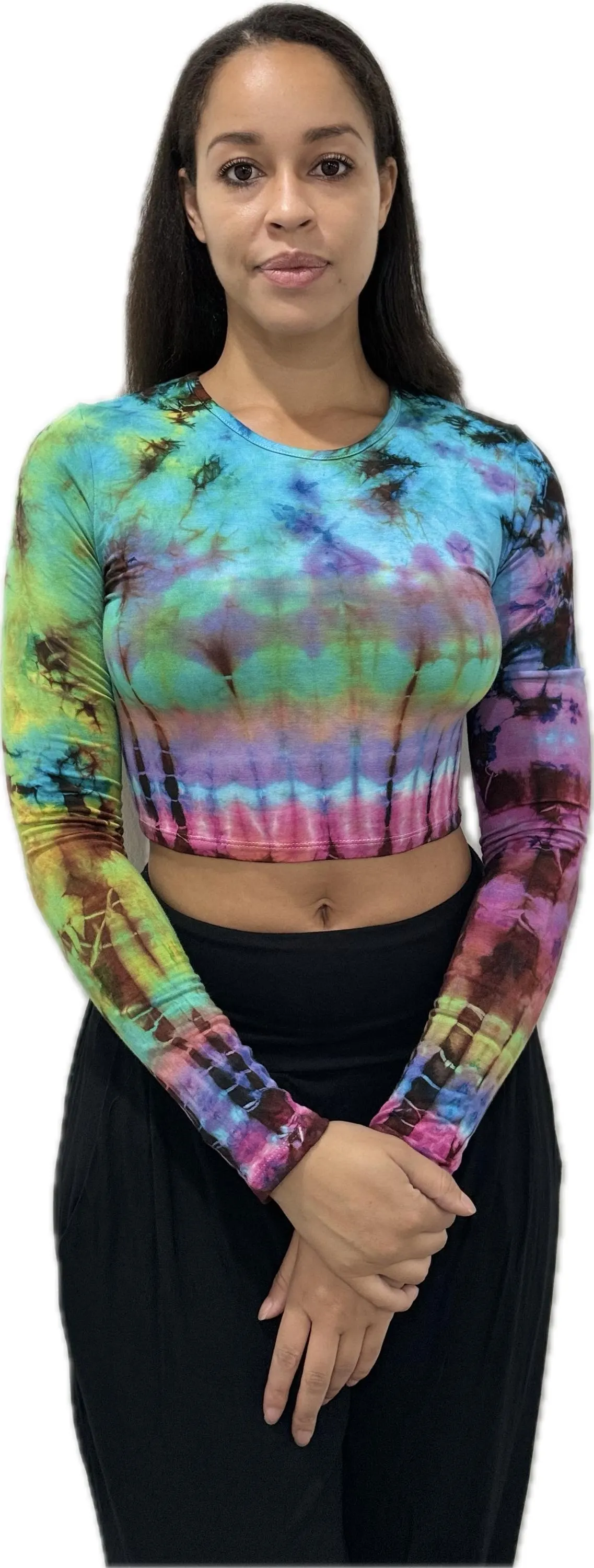 Top Long Sleeve crop top hippy blouse mudmee  reverse hand painted Tie Dye on silky soft Spandex Rayon blended fabric festival tee