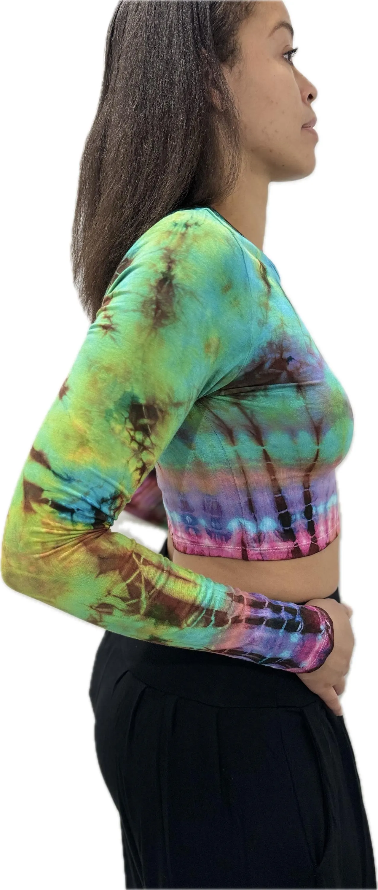 Top Long Sleeve crop top hippy blouse mudmee  reverse hand painted Tie Dye on silky soft Spandex Rayon blended fabric festival tee