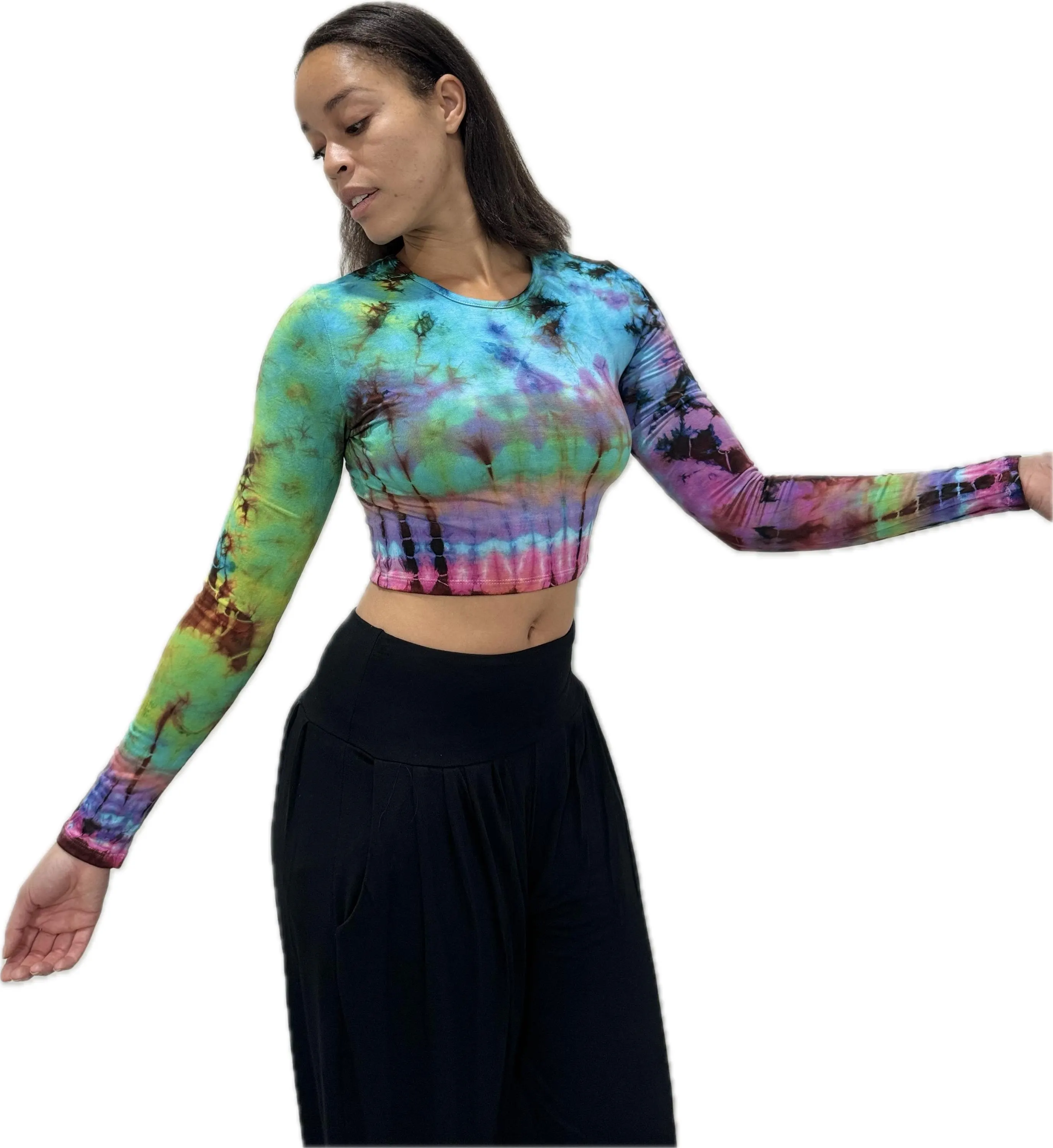 Top Long Sleeve crop top hippy blouse mudmee  reverse hand painted Tie Dye on silky soft Spandex Rayon blended fabric festival tee
