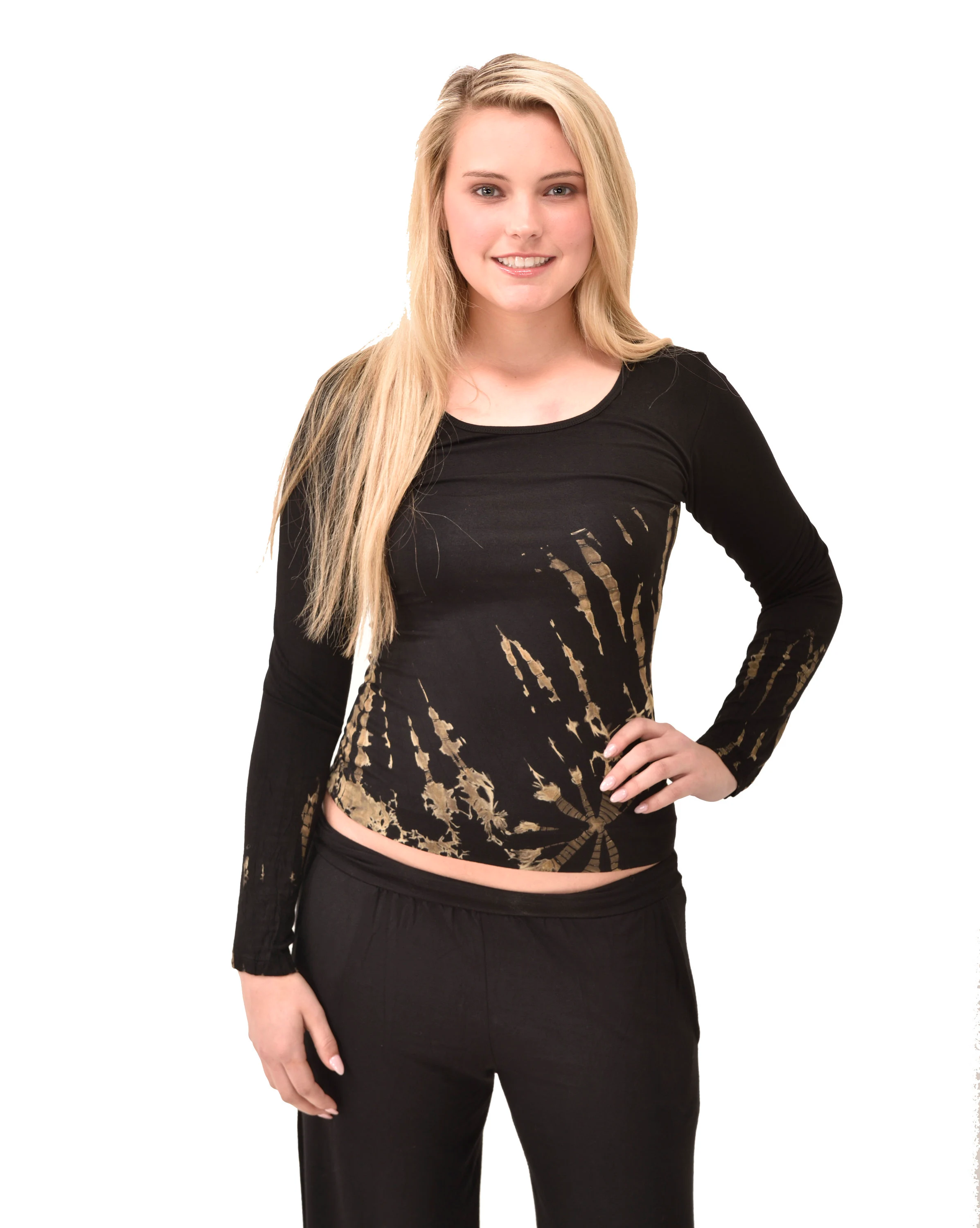 Top Long Sleeve hippy blouse mudmee Ikat style reverse hand painted Tie Dye on silky soft Spandex Rayon blended fabric festival tee