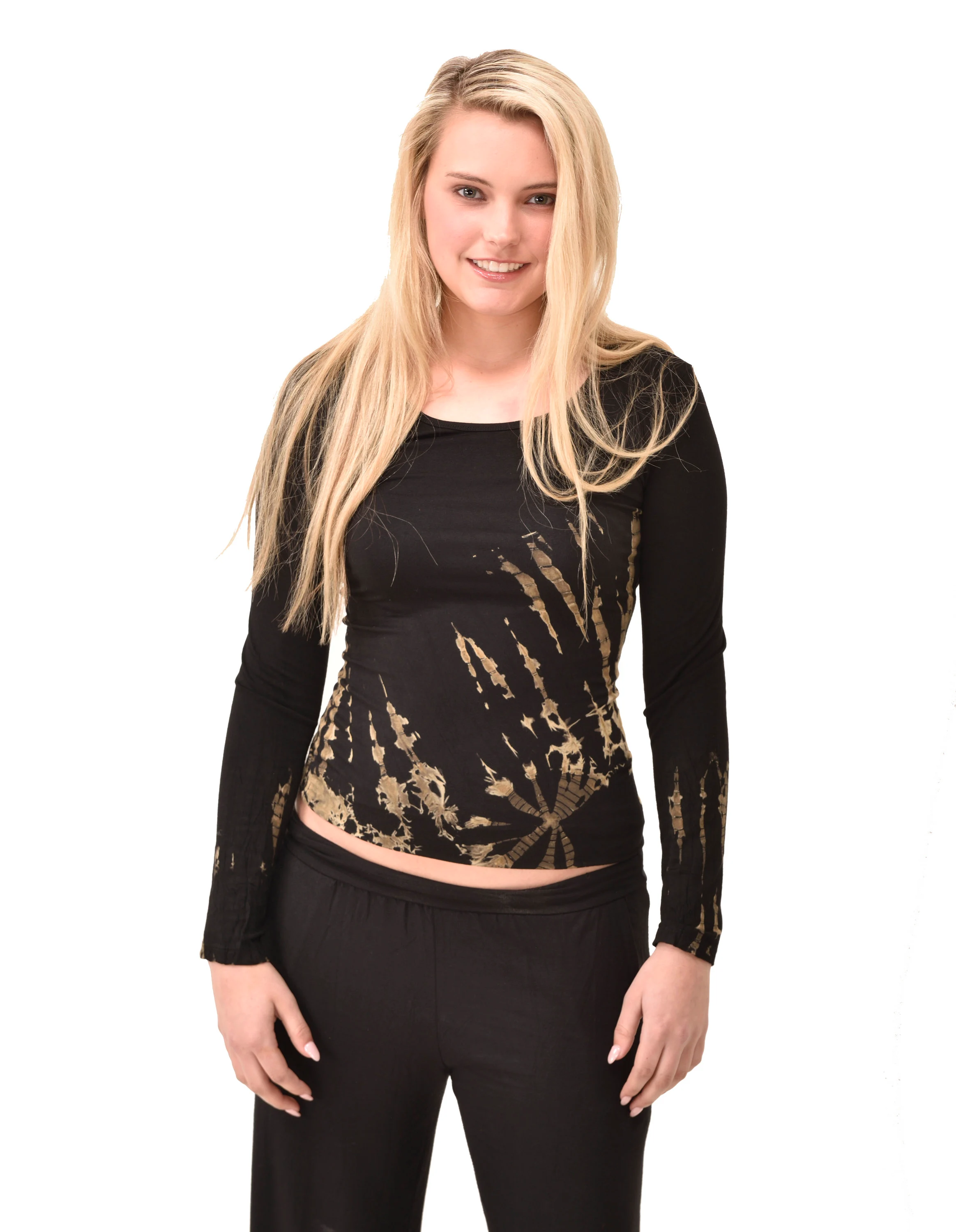 Top Long Sleeve hippy blouse mudmee Ikat style reverse hand painted Tie Dye on silky soft Spandex Rayon blended fabric festival tee