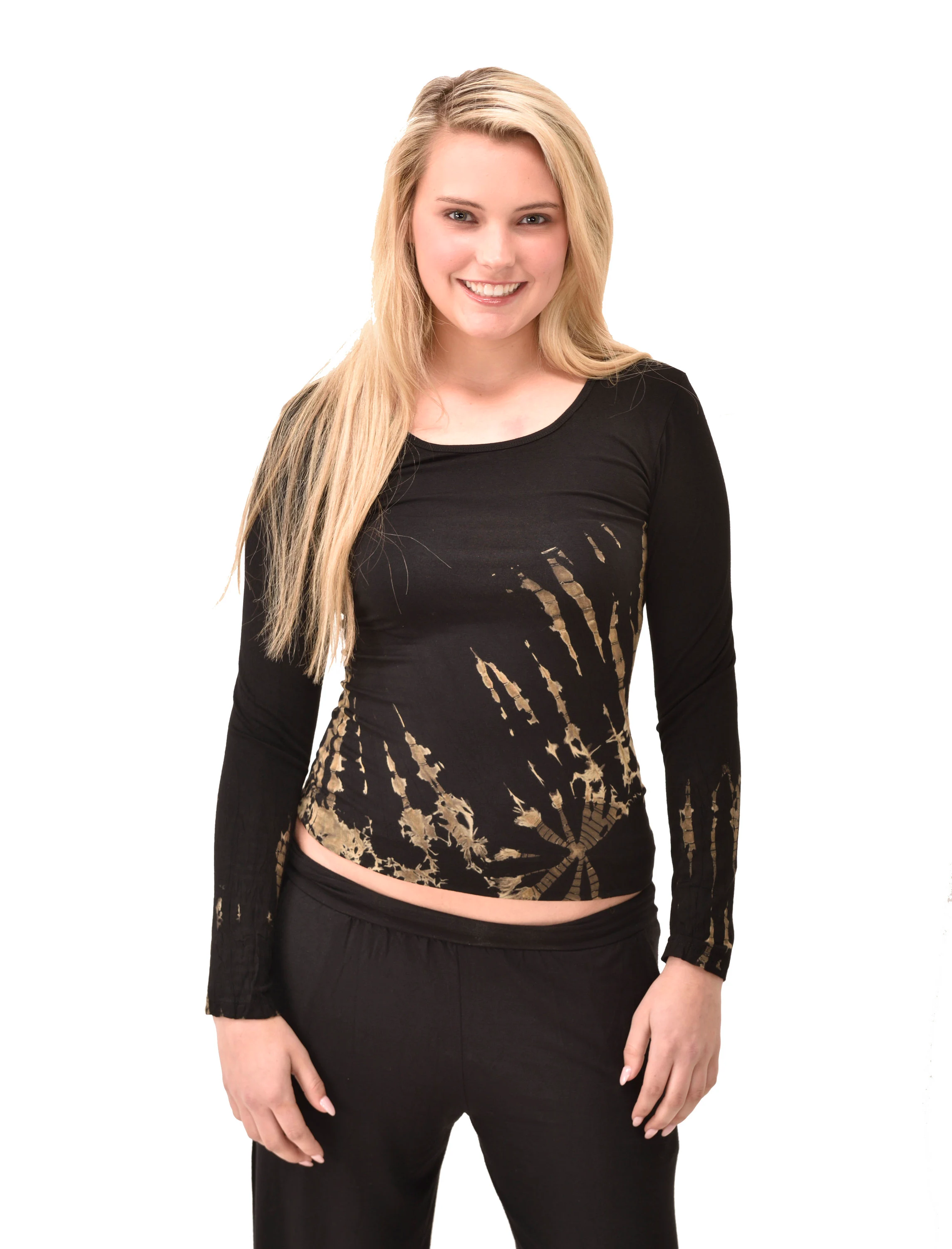 Top Long Sleeve hippy blouse mudmee Ikat style reverse hand painted Tie Dye on silky soft Spandex Rayon blended fabric festival tee