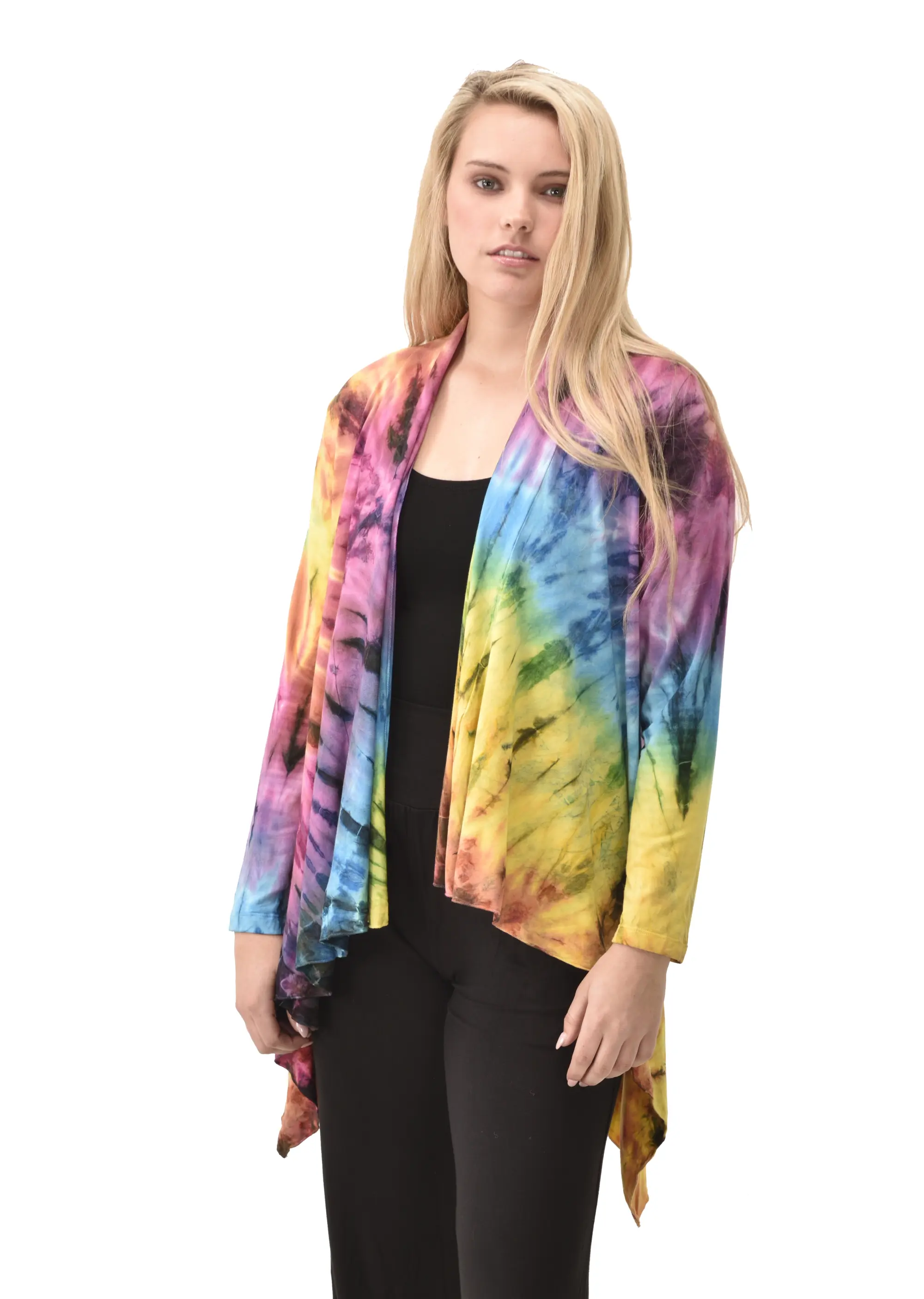 Top Cardigan Kimono style blouse Mudmee Ikat reverse style Tie-Dye on silky soft high end Spandex Rayon blended machine washable fabric