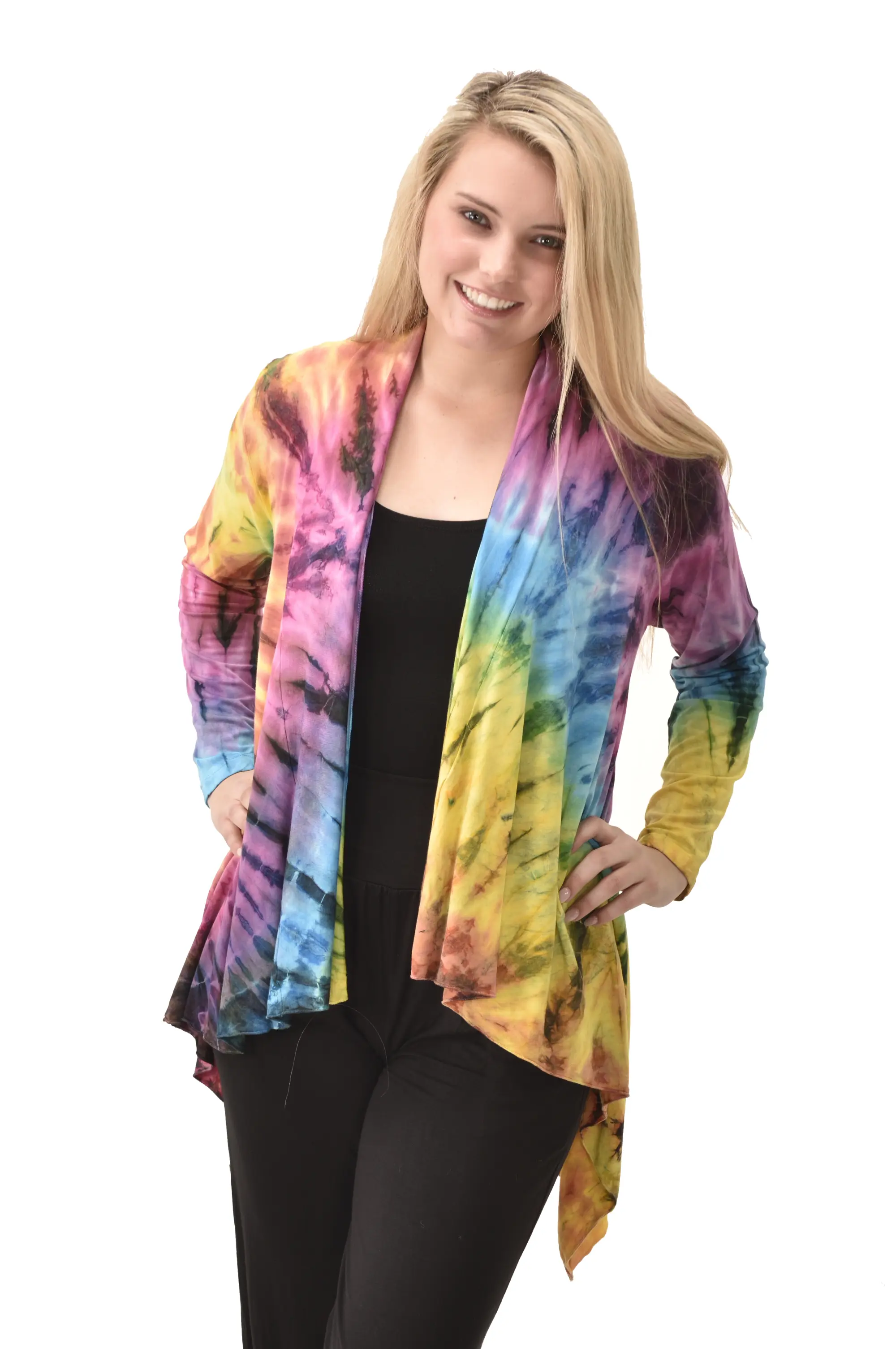 Top Cardigan Kimono style blouse Mudmee Ikat reverse style Tie-Dye on silky soft high end Spandex Rayon blended machine washable fabric