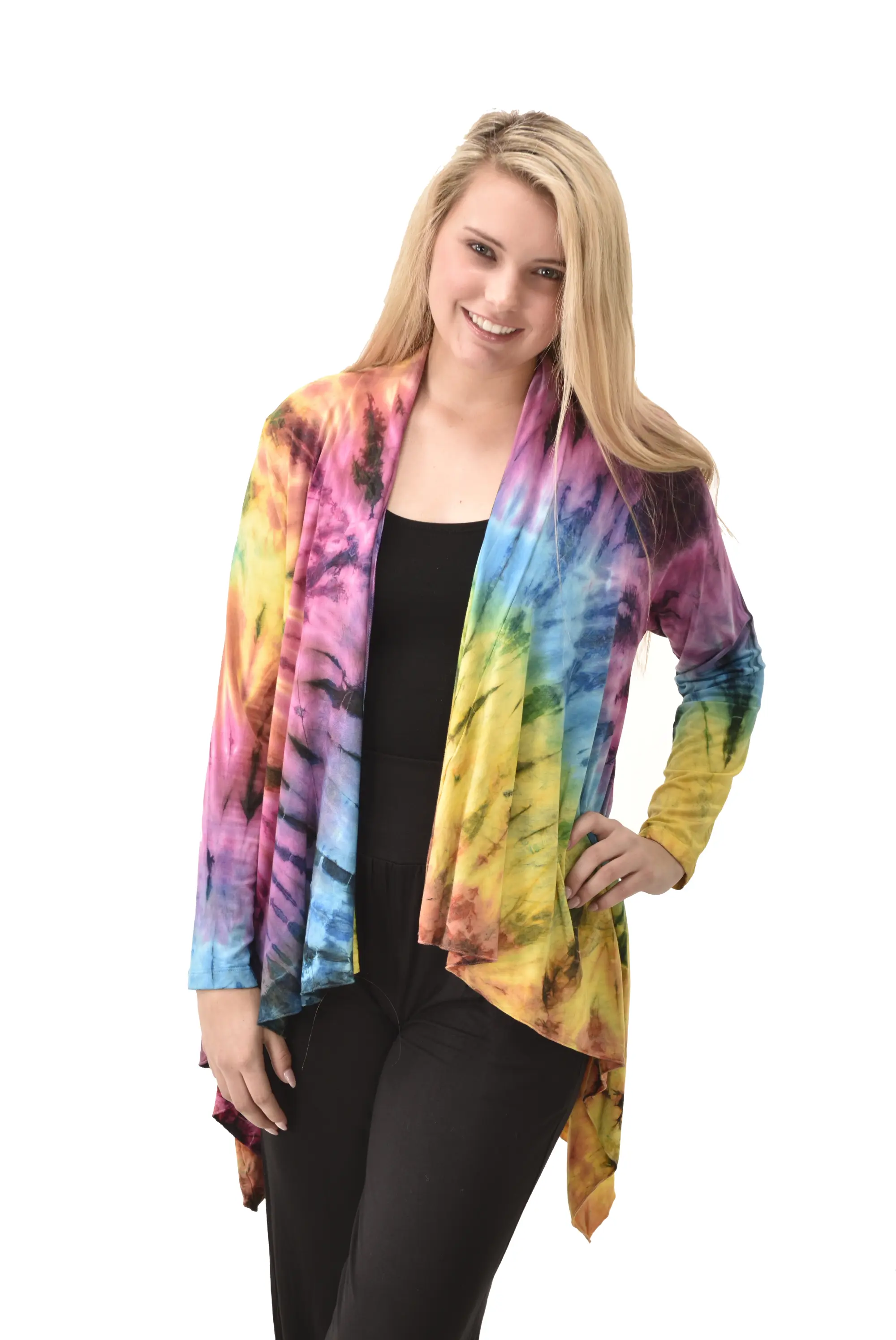 Top Cardigan Kimono style blouse Mudmee Ikat reverse style Tie-Dye on silky soft high end Spandex Rayon blended machine washable fabric