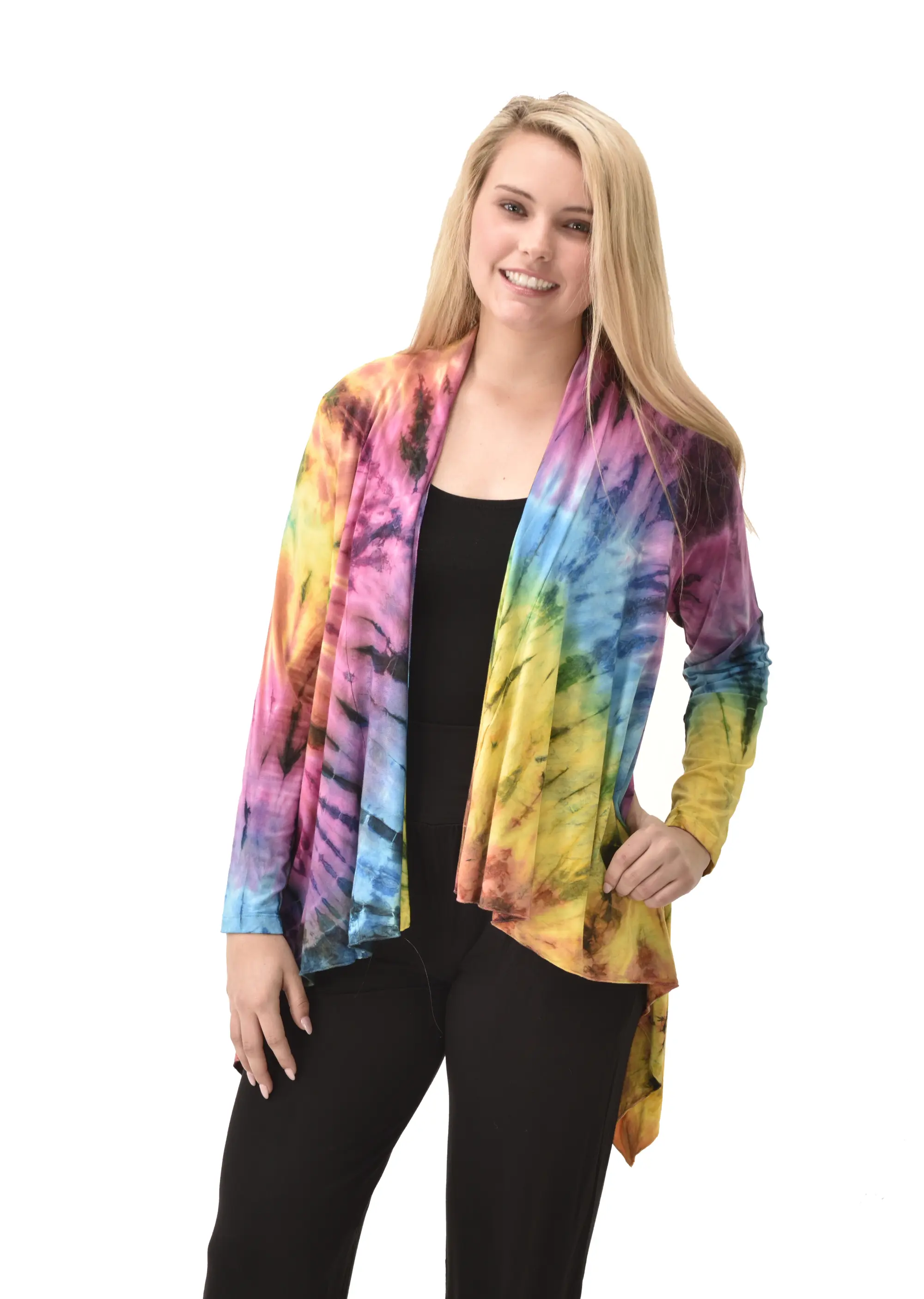 Top Cardigan Kimono style blouse Mudmee Ikat reverse style Tie-Dye on silky soft high end Spandex Rayon blended machine washable fabric