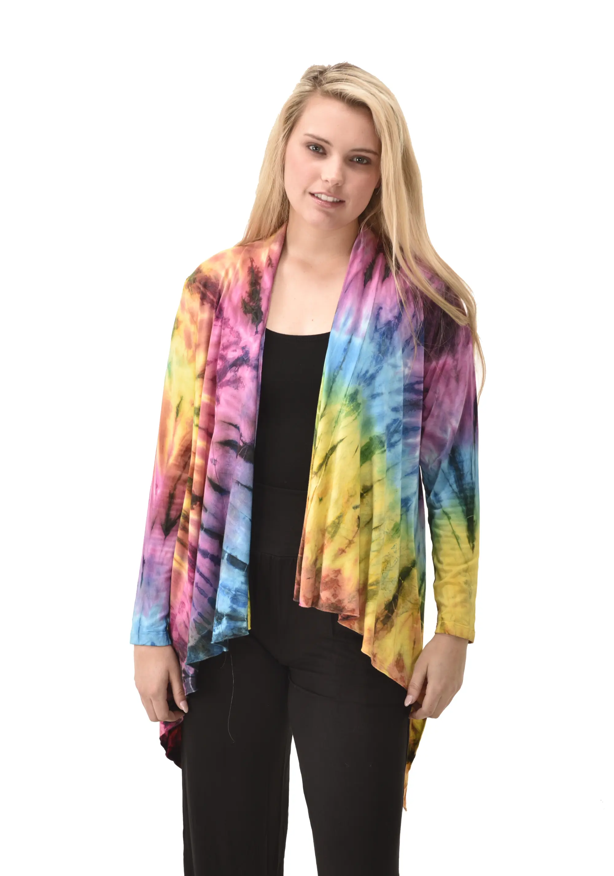 Top Cardigan Kimono style blouse Mudmee Ikat reverse style Tie-Dye on silky soft high end Spandex Rayon blended machine washable fabric