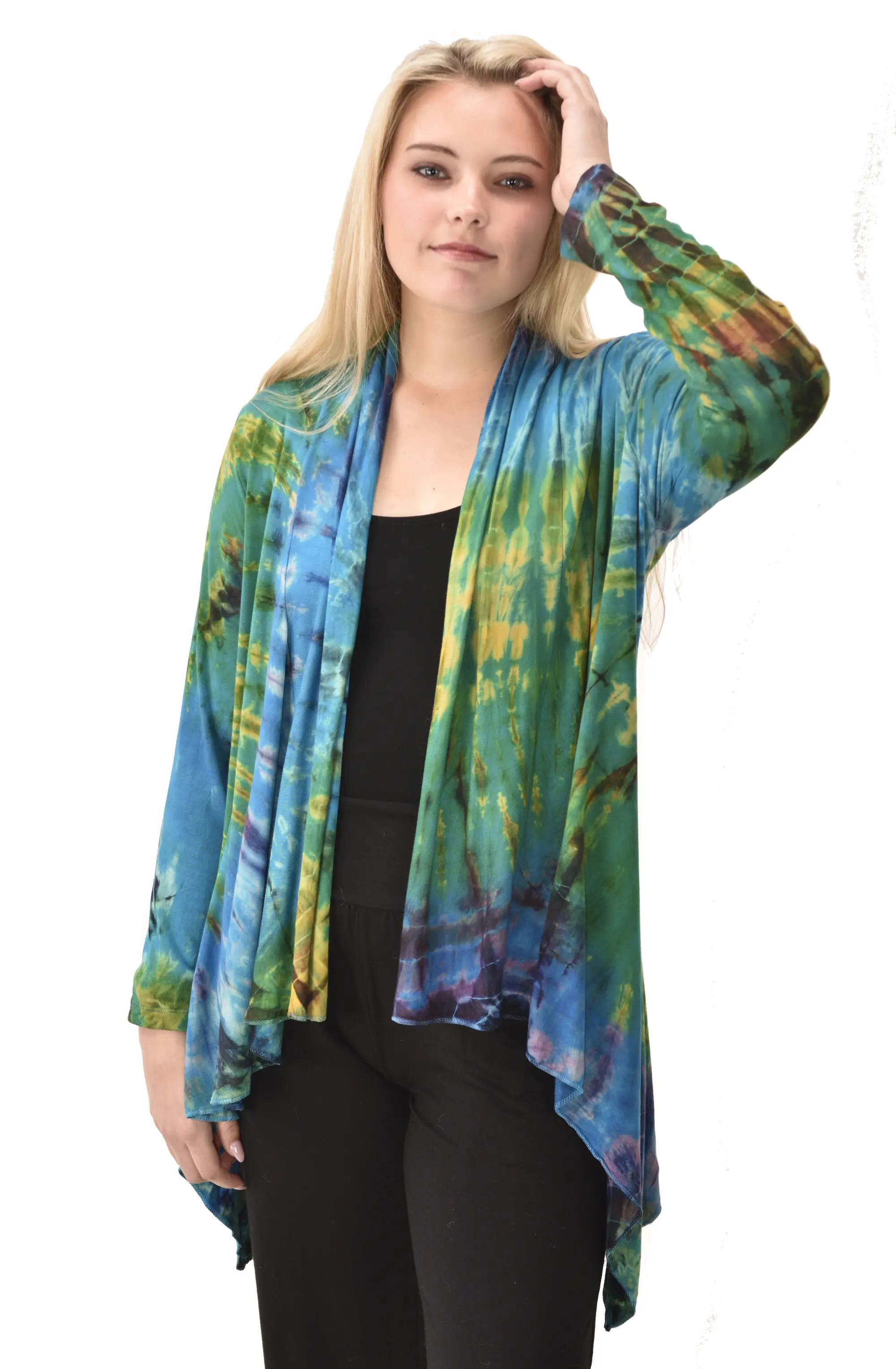 Top Cardigan Kimono style blouse Mudmee Ikat reverse style Tie-Dye on silky soft high end Spandex Rayon blended machine washable fabric