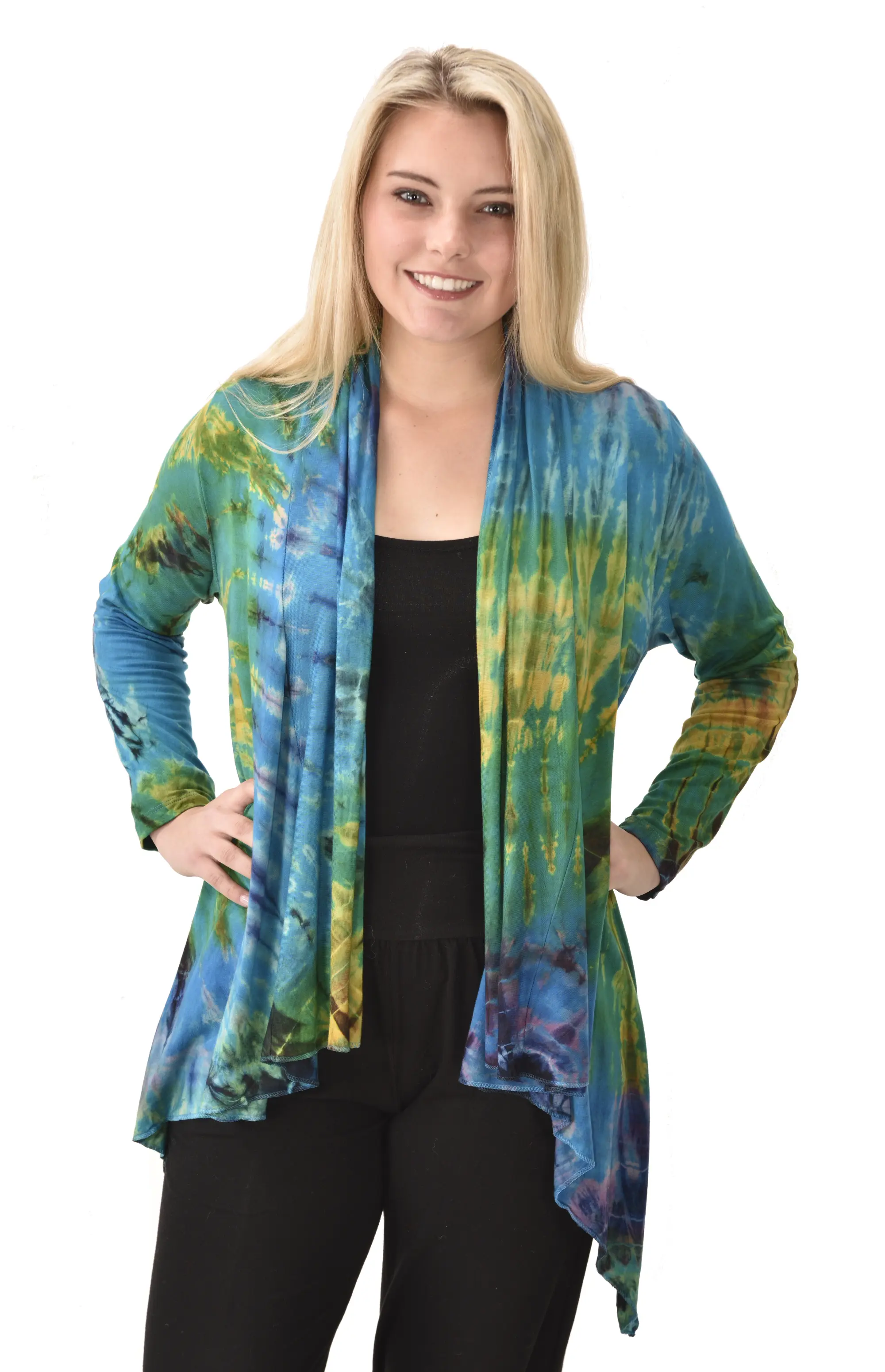 Top Cardigan Kimono style blouse Mudmee Ikat reverse style Tie-Dye on silky soft high end Spandex Rayon blended machine washable fabric