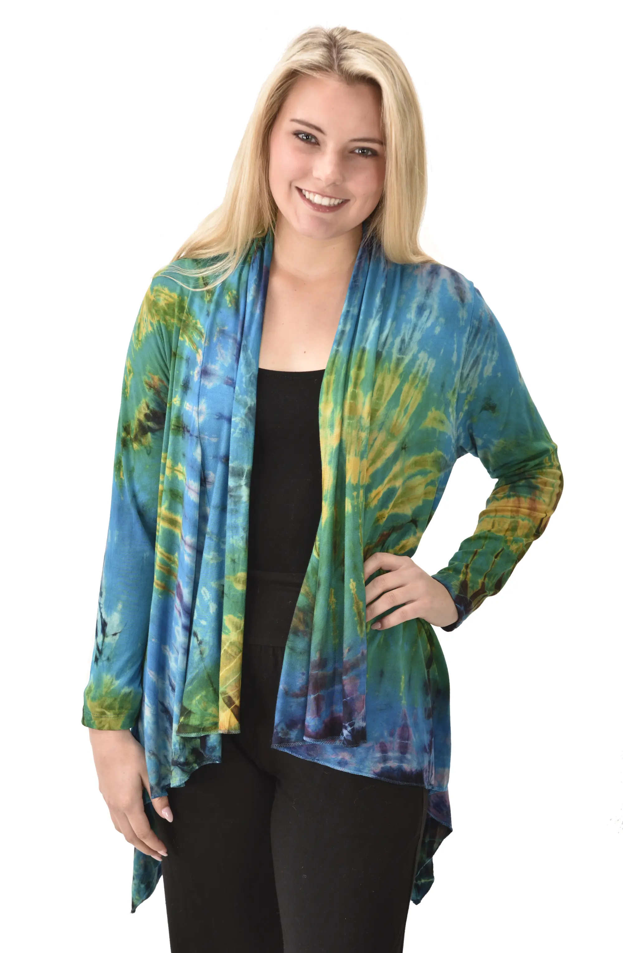 Top Cardigan Kimono style blouse Mudmee Ikat reverse style Tie-Dye on silky soft high end Spandex Rayon blended machine washable fabric