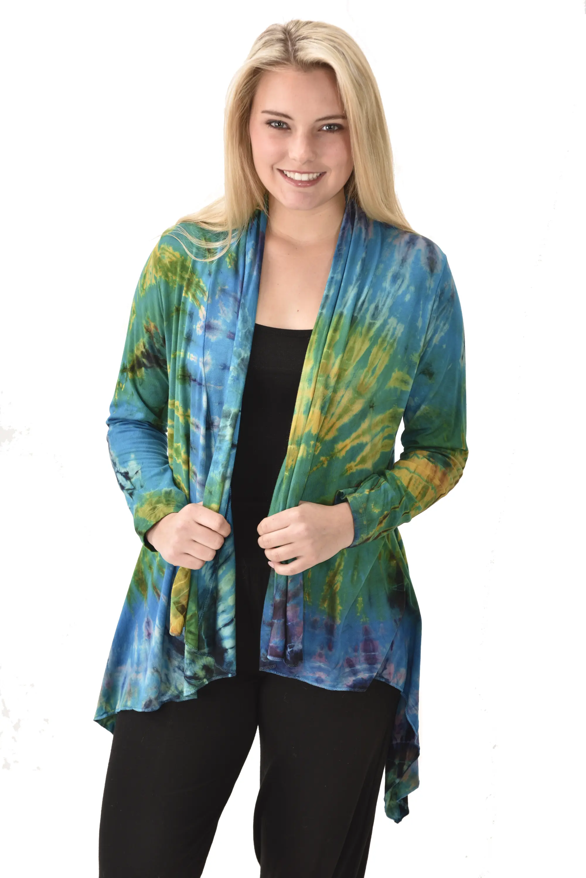 Top Cardigan Kimono style blouse Mudmee Ikat reverse style Tie-Dye on silky soft high end Spandex Rayon blended machine washable fabric