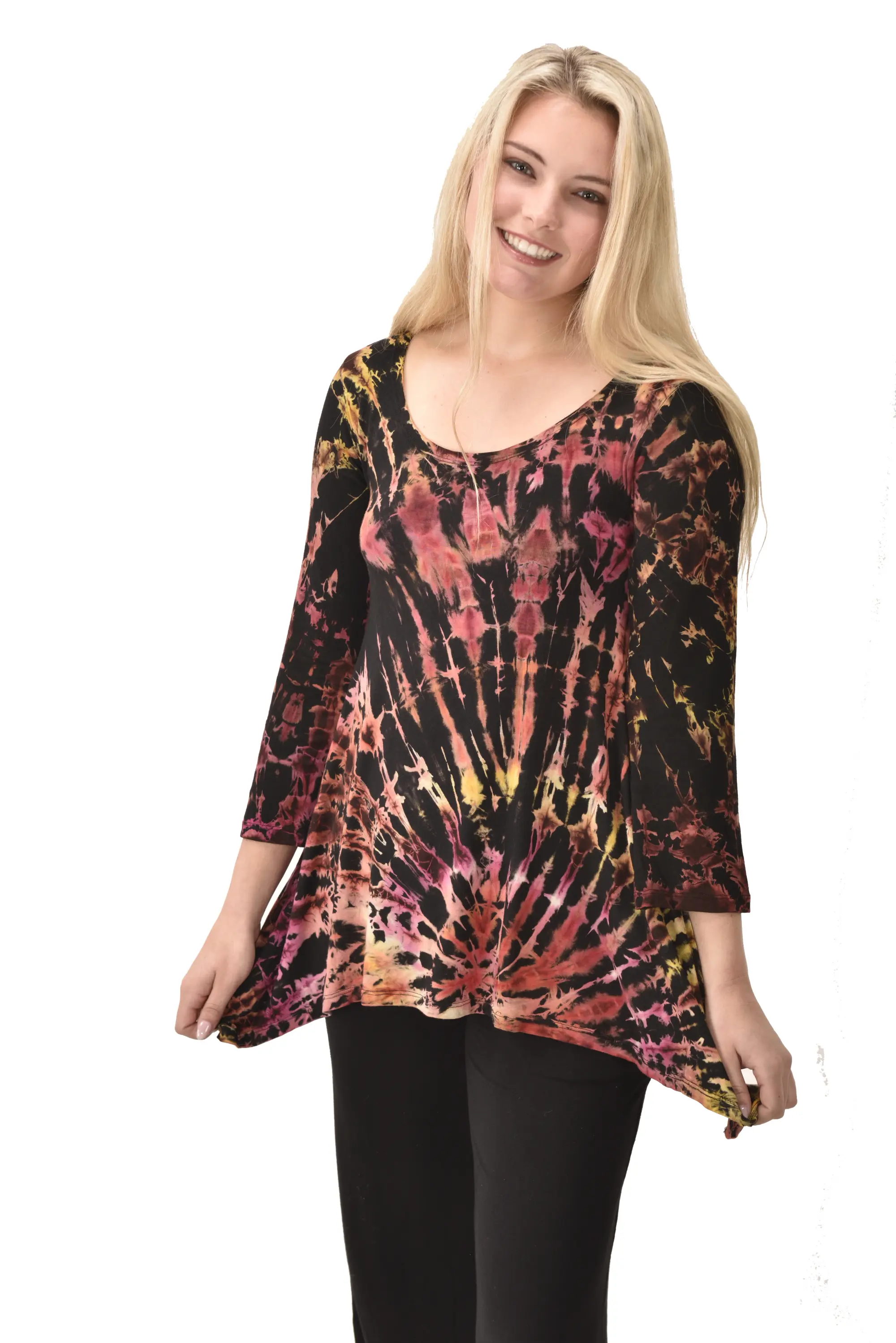 Top Three-Quarter Sleeve Tunic Tie Dye Mudmee Ikat style hand Painted on quality Rayon Spandex blended fabric Bohemian Chic Festival Skirt