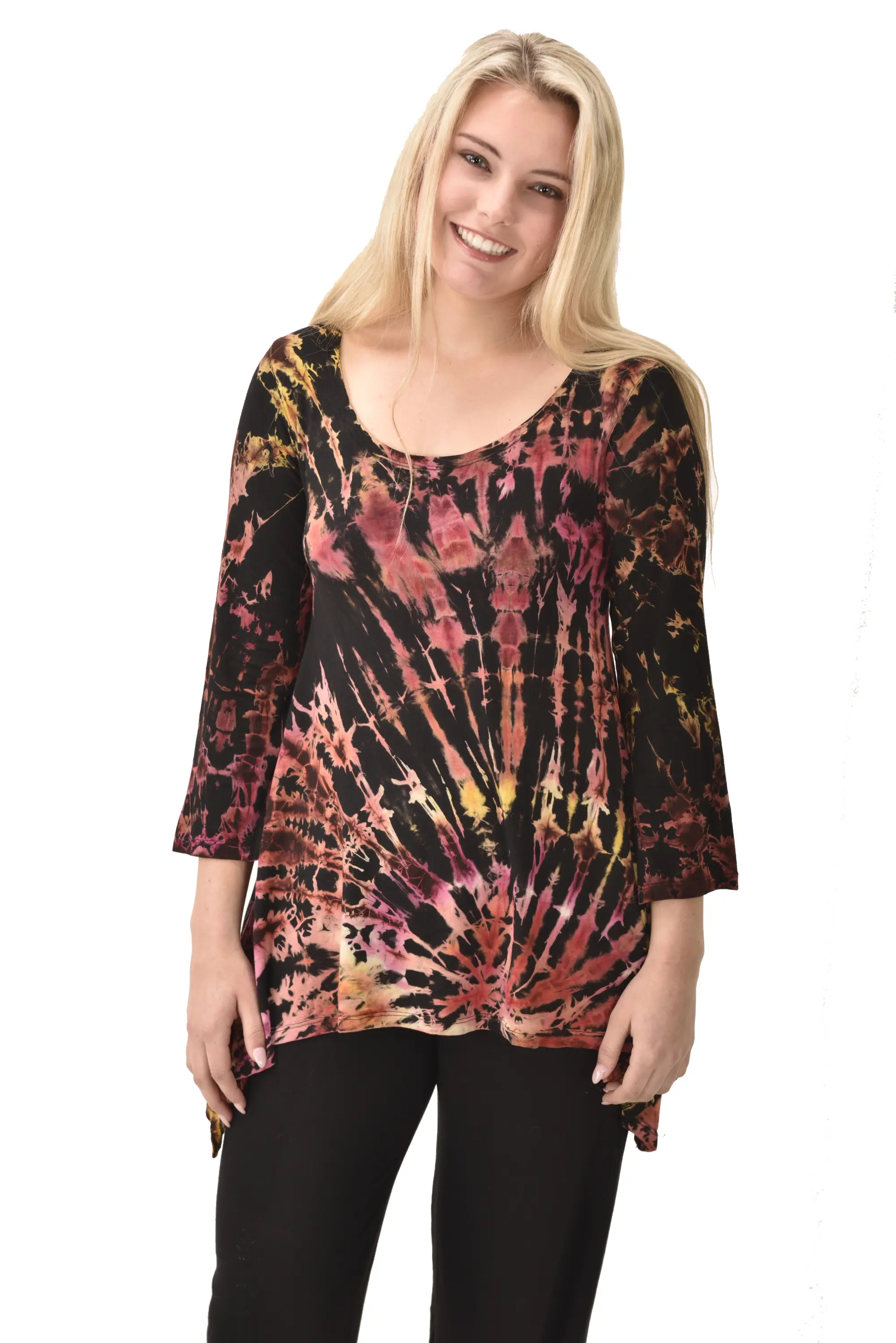 Top Three-Quarter Sleeve Tunic Tie Dye Mudmee Ikat style hand Painted on quality Rayon Spandex blended fabric Bohemian Chic Festival Skirt