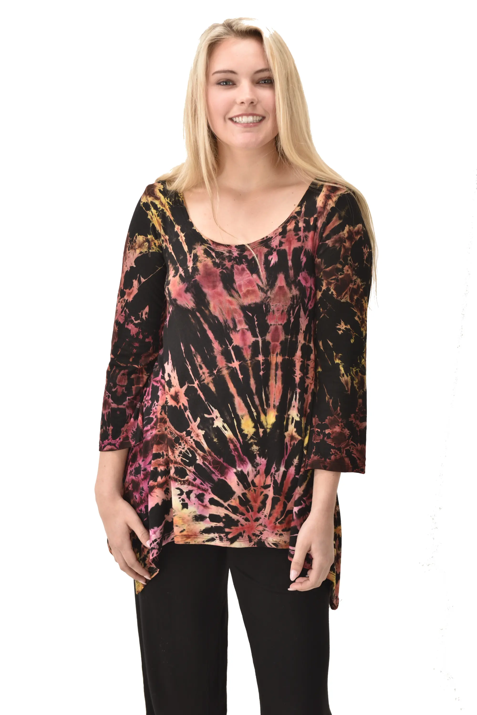 Top Three-Quarter Sleeve Tunic Tie Dye Mudmee Ikat style hand Painted on quality Rayon Spandex blended fabric Bohemian Chic Festival Skirt