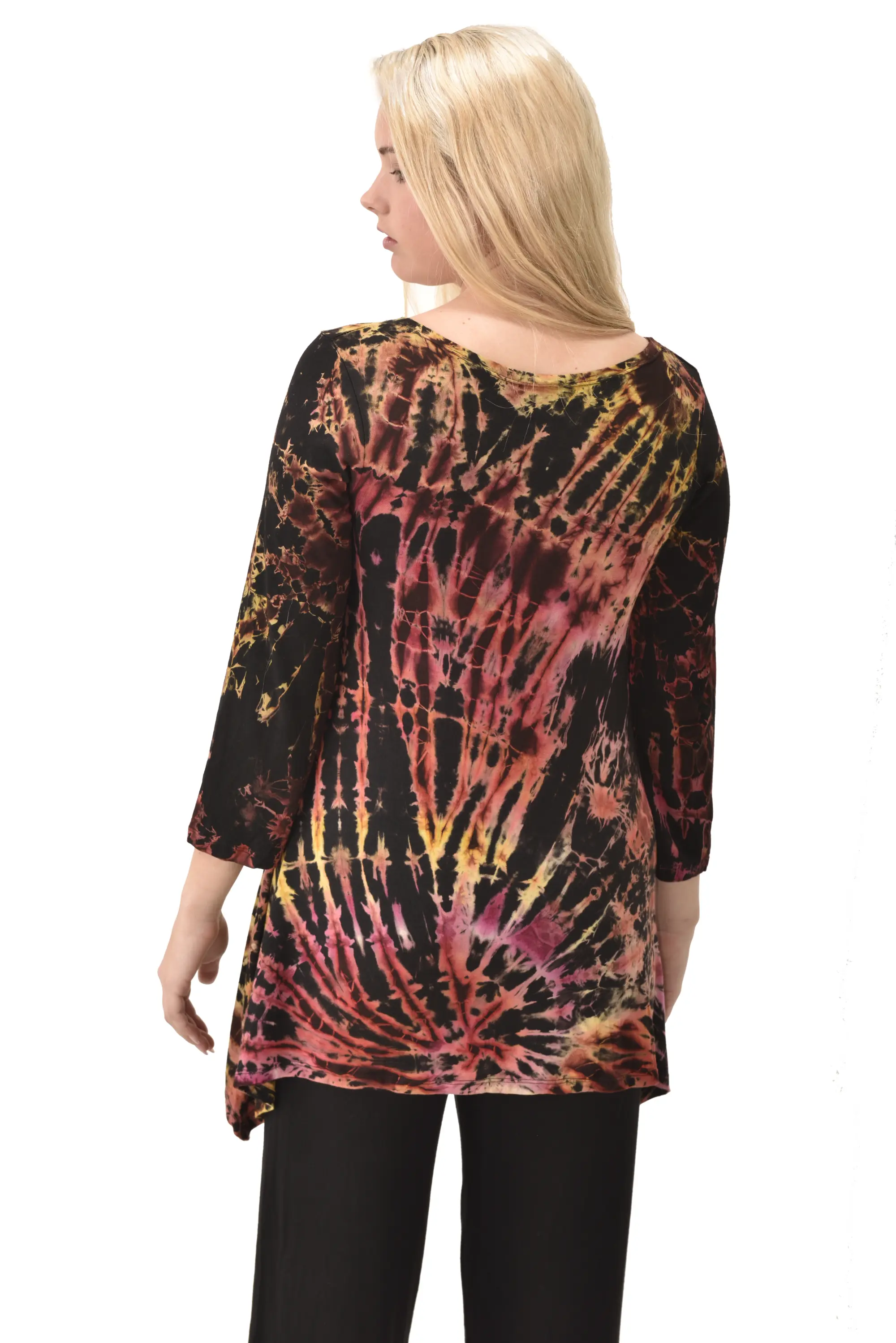 Top Three-Quarter Sleeve Tunic Tie Dye Mudmee Ikat style hand Painted on quality Rayon Spandex blended fabric Bohemian Chic Festival Skirt