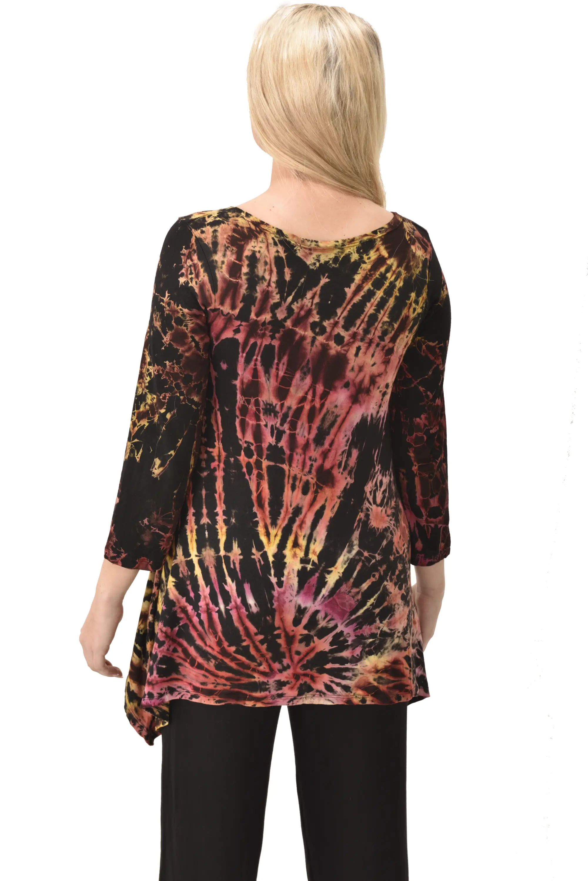 Top Three-Quarter Sleeve Tunic Tie Dye Mudmee Ikat style hand Painted on quality Rayon Spandex blended fabric Bohemian Chic Festival Skirt