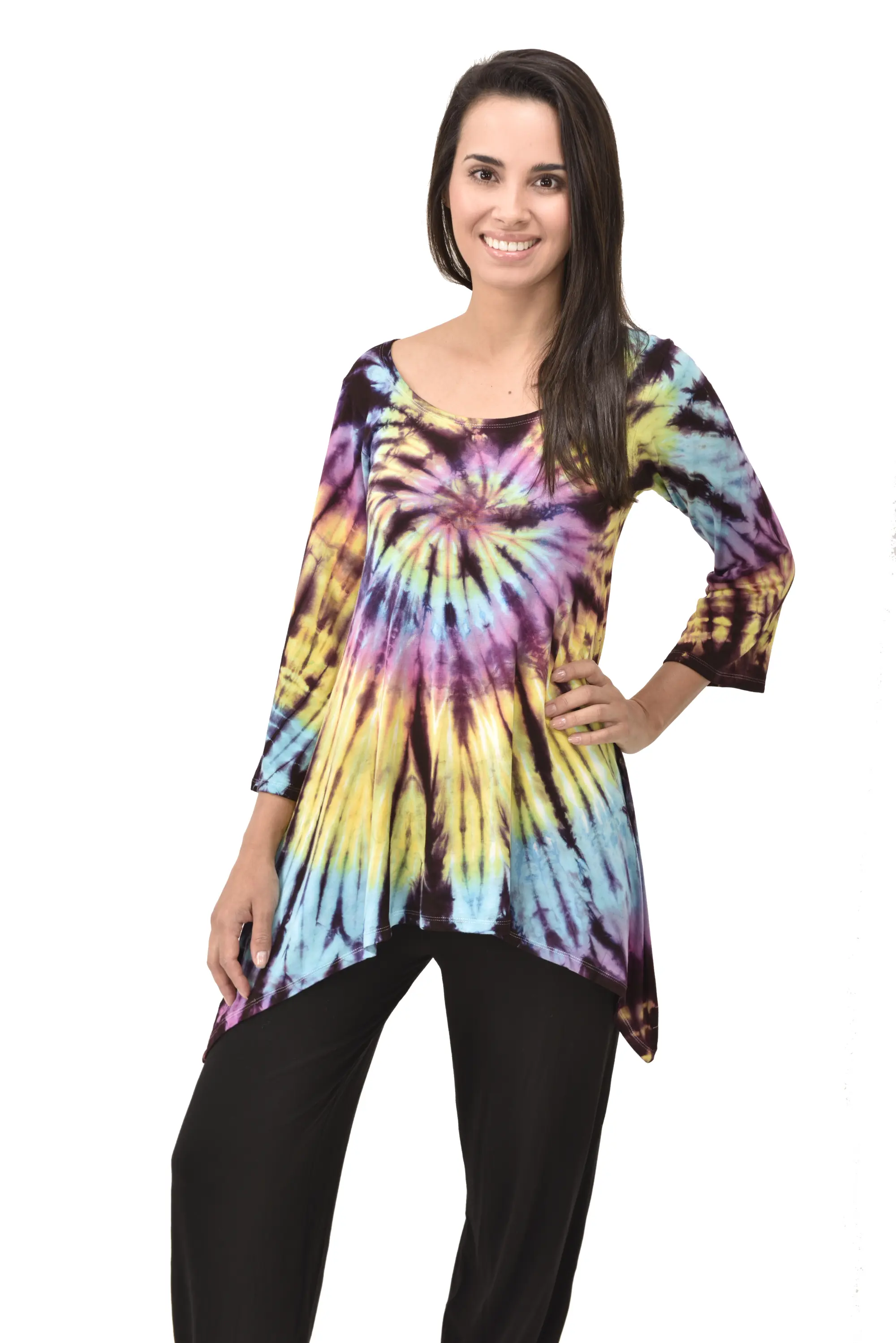 Top Three-Quarter Sleeve Tunic Tie Dye Mudmee Ikat style hand Painted on quality Rayon Spandex blended fabric Bohemian Chic Festival Skirt