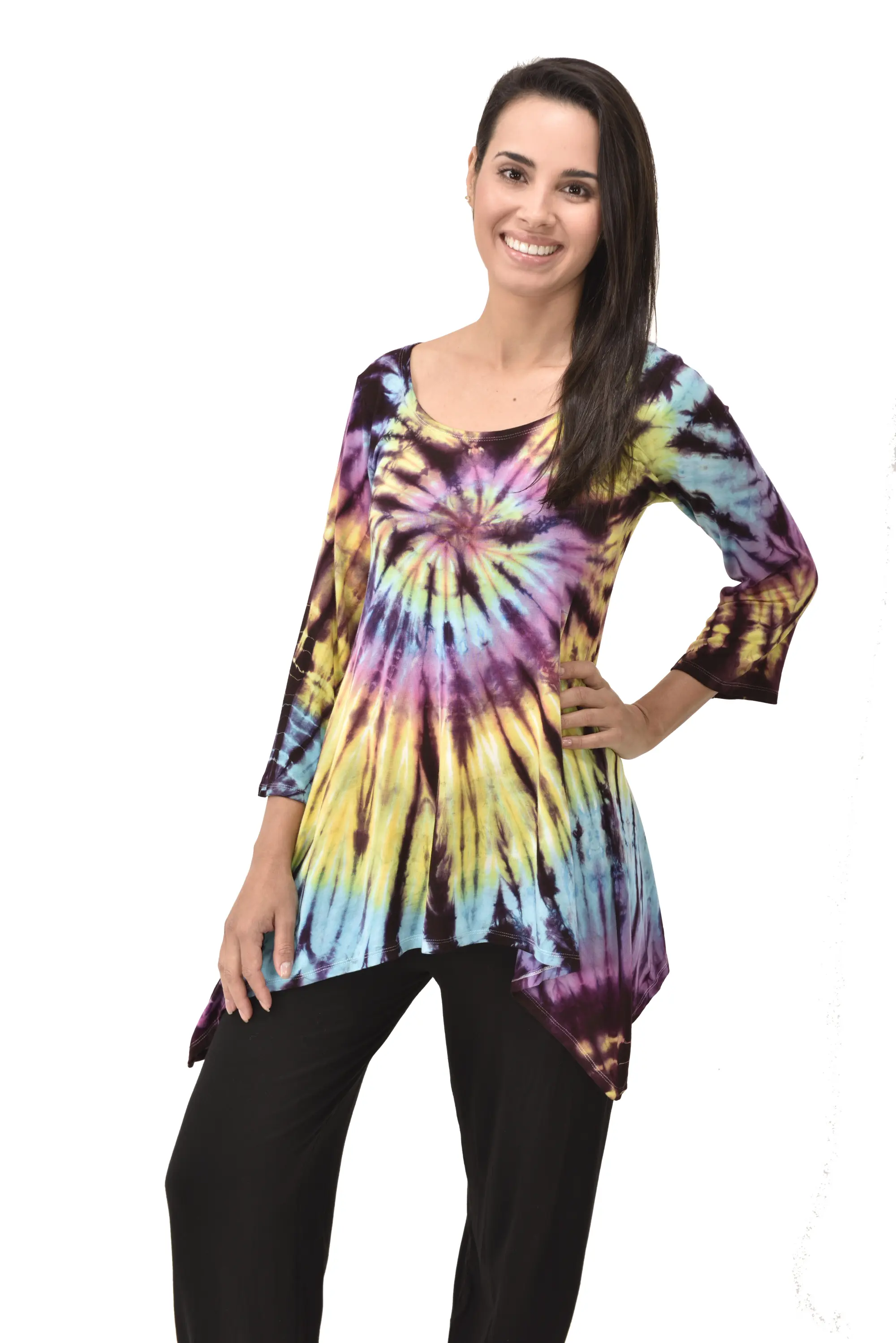 Top Three-Quarter Sleeve Tunic Tie Dye Mudmee Ikat style hand Painted on quality Rayon Spandex blended fabric Bohemian Chic Festival Skirt
