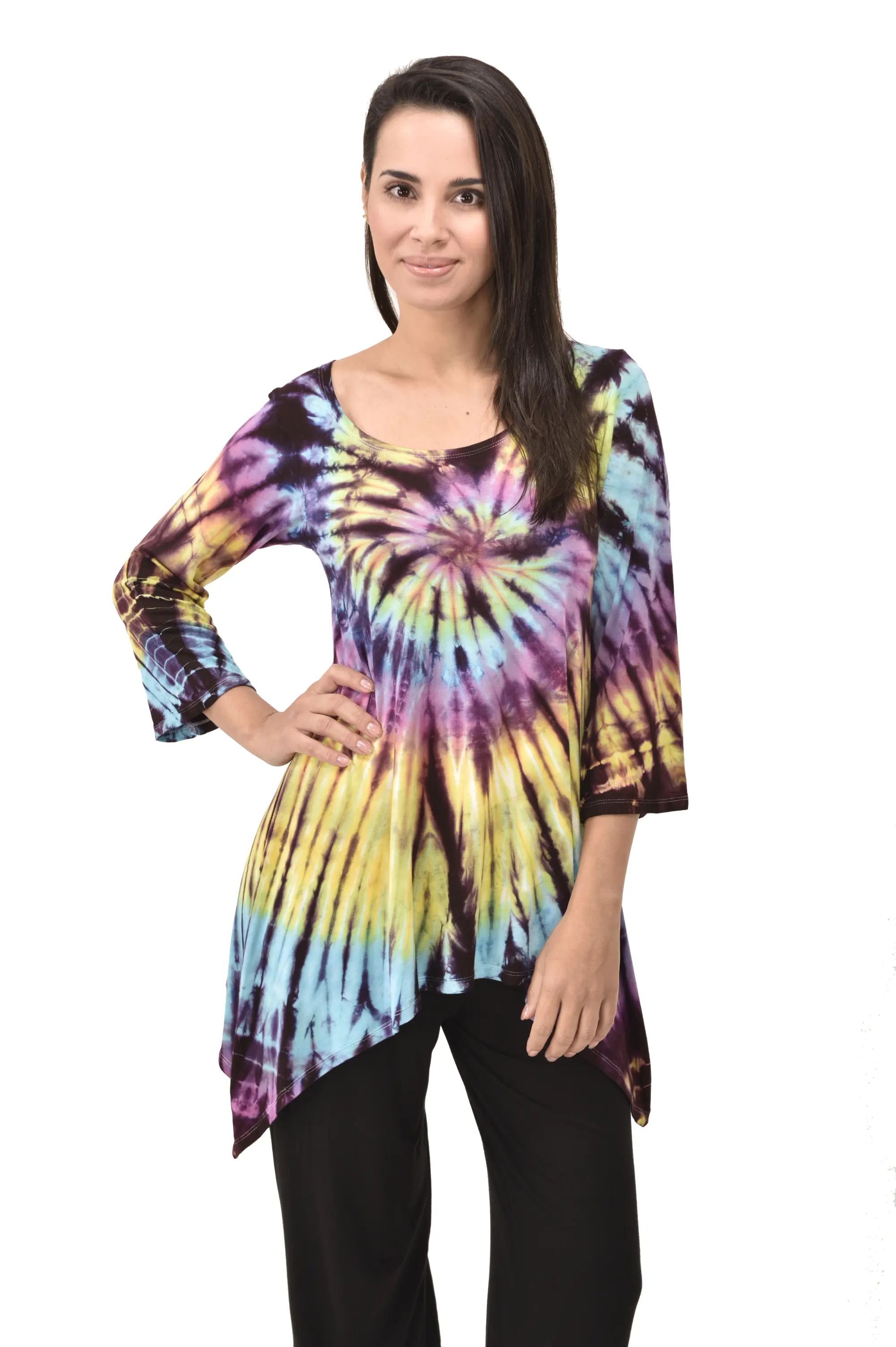 Top Three-Quarter Sleeve Tunic Tie Dye Mudmee Ikat style hand Painted on quality Rayon Spandex blended fabric Bohemian Chic Festival Skirt