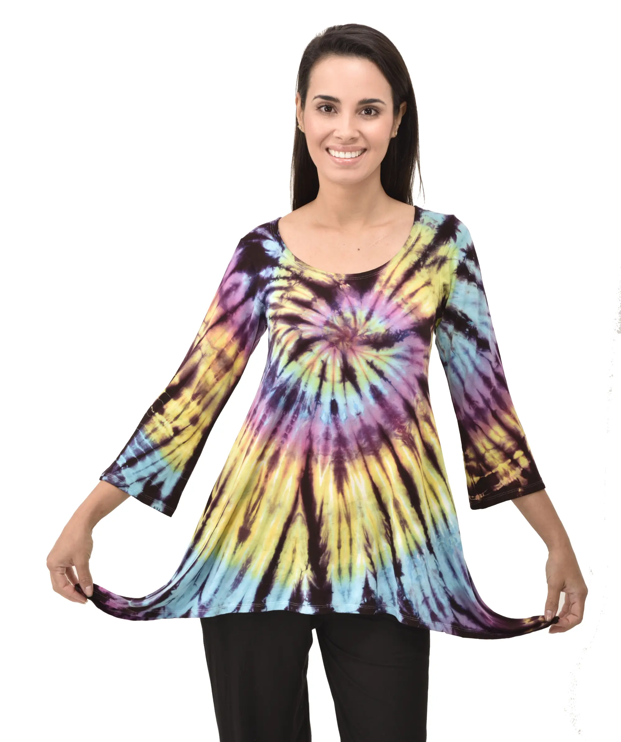 Top Three-Quarter Sleeve Tunic Tie Dye Mudmee Ikat style hand Painted on quality Rayon Spandex blended fabric Bohemian Chic Festival Skirt