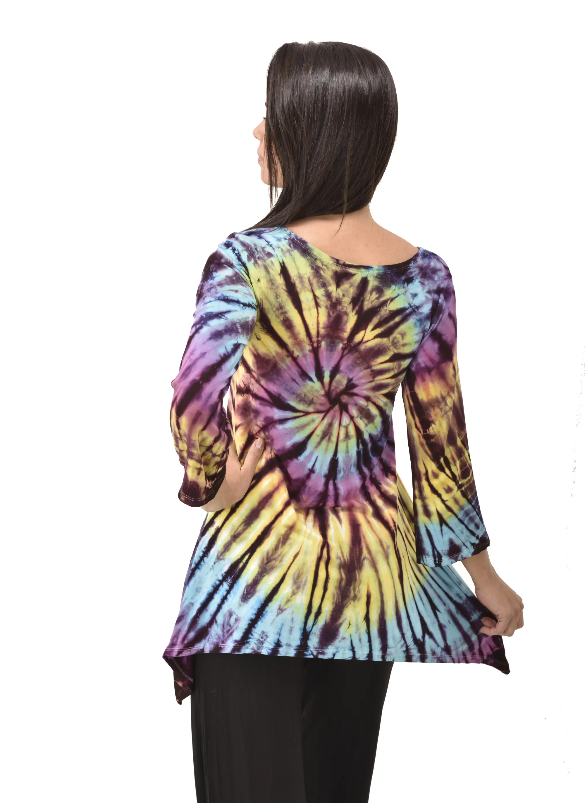 Top Three-Quarter Sleeve Tunic Tie Dye Mudmee Ikat style hand Painted on quality Rayon Spandex blended fabric Bohemian Chic Festival Skirt
