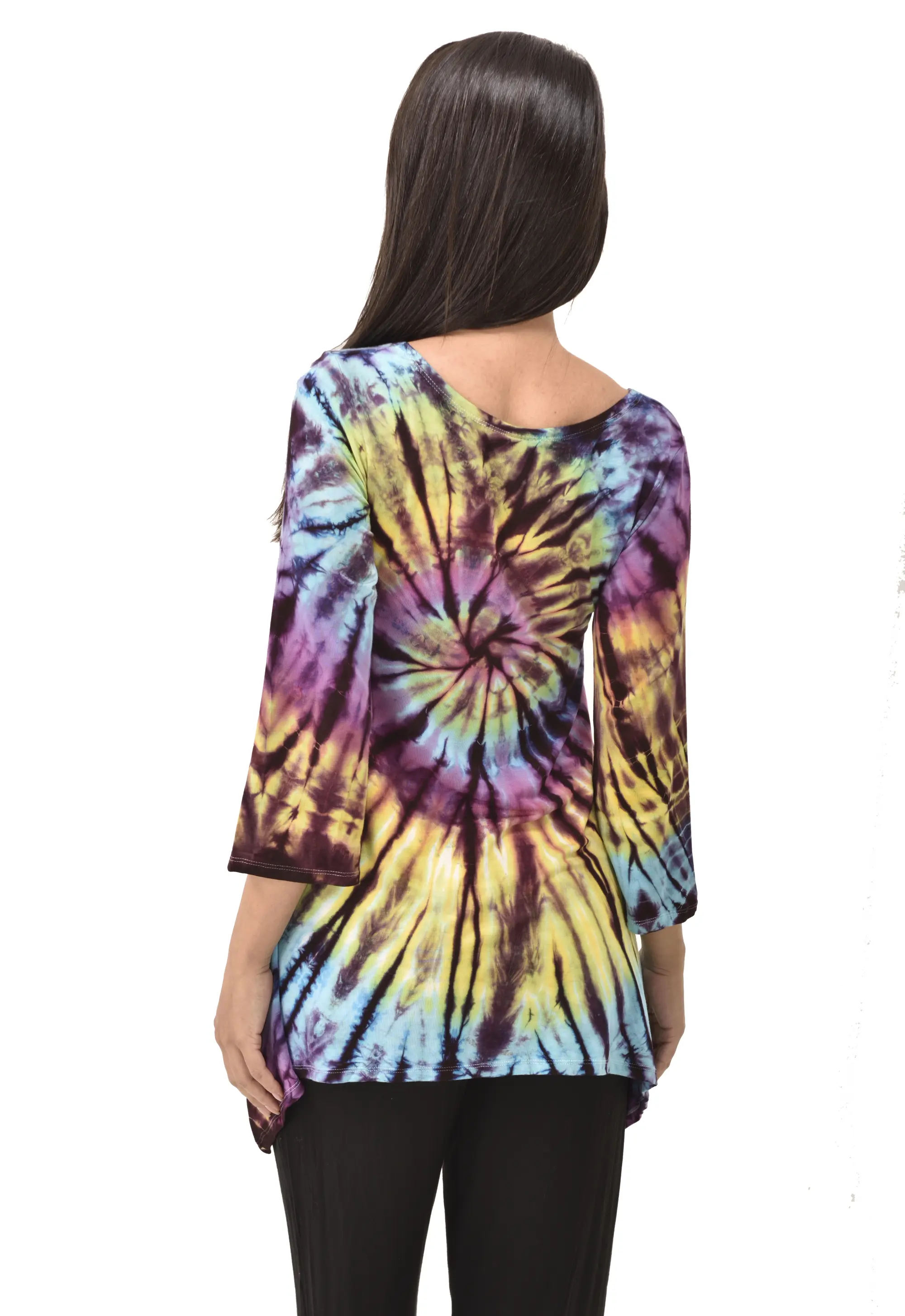 Top Three-Quarter Sleeve Tunic Tie Dye Mudmee Ikat style hand Painted on quality Rayon Spandex blended fabric Bohemian Chic Festival Skirt