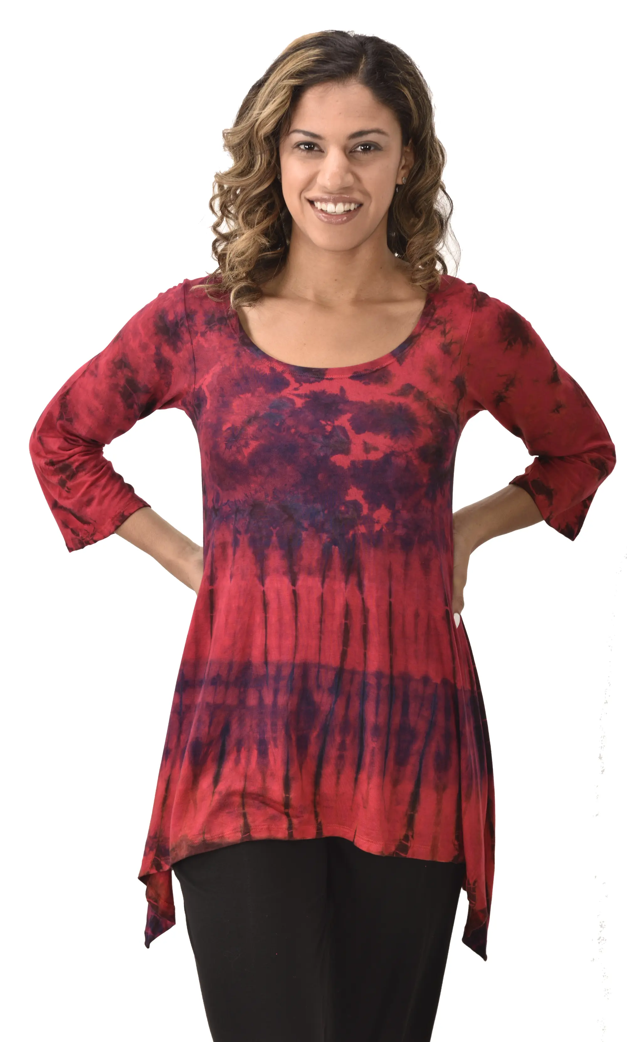 Top Three-Quarter Sleeve Tunic Tie Dye Mudmee Ikat style hand Painted on quality Rayon Spandex blended fabric Bohemian Chic Festival Skirt