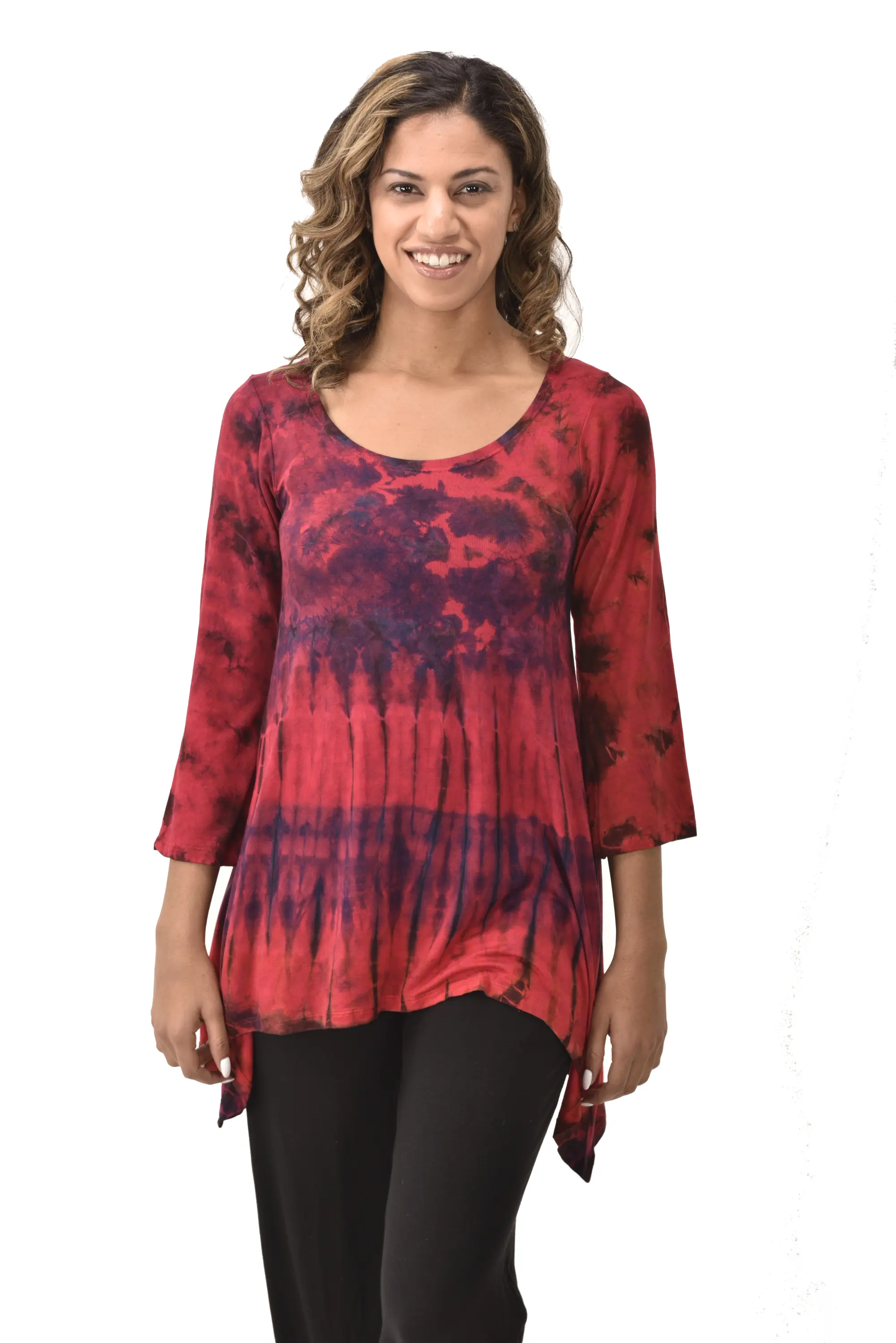 Top Three-Quarter Sleeve Tunic Tie Dye Mudmee Ikat style hand Painted on quality Rayon Spandex blended fabric Bohemian Chic Festival Skirt