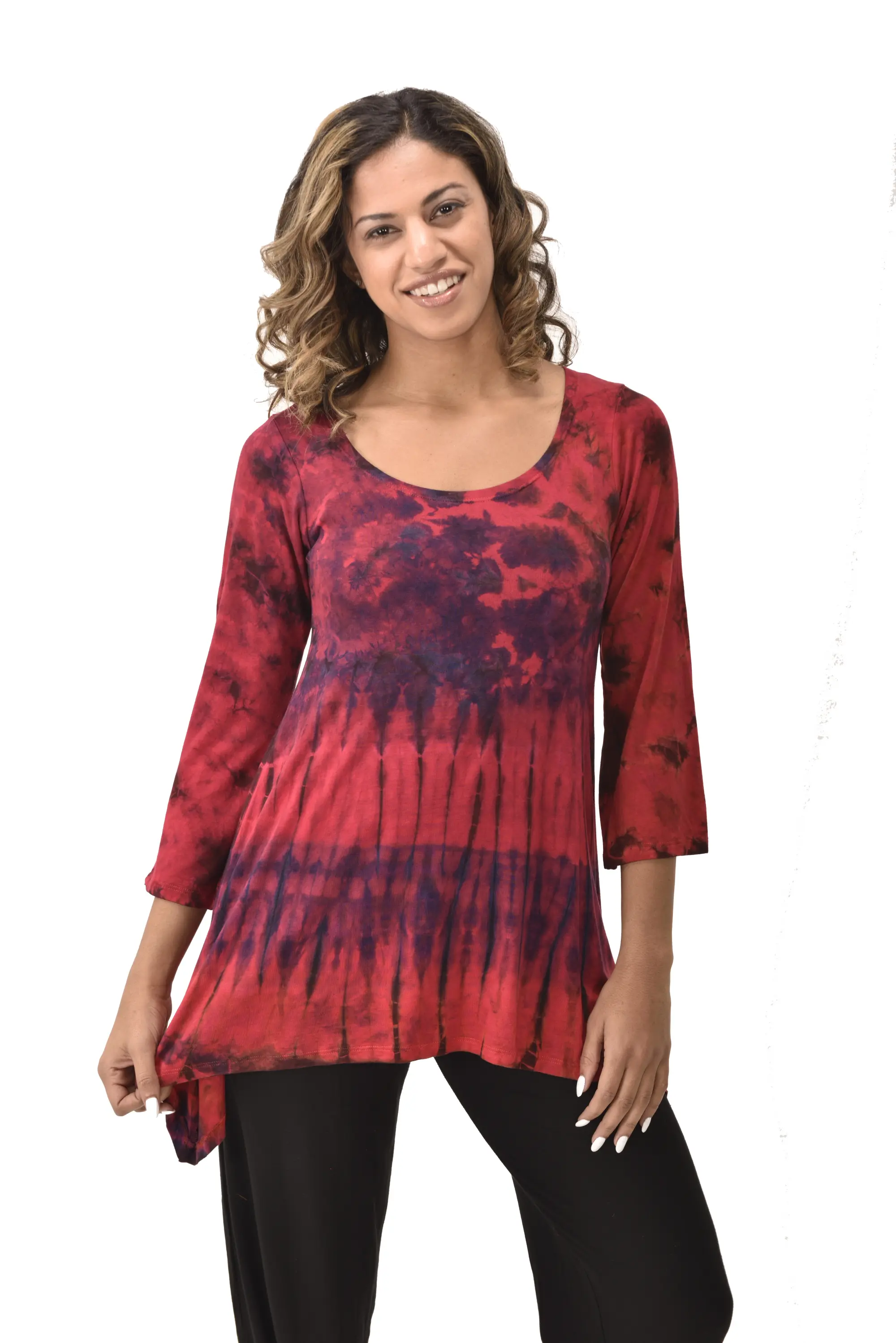 Top Three-Quarter Sleeve Tunic Tie Dye Mudmee Ikat style hand Painted on quality Rayon Spandex blended fabric Bohemian Chic Festival Skirt
