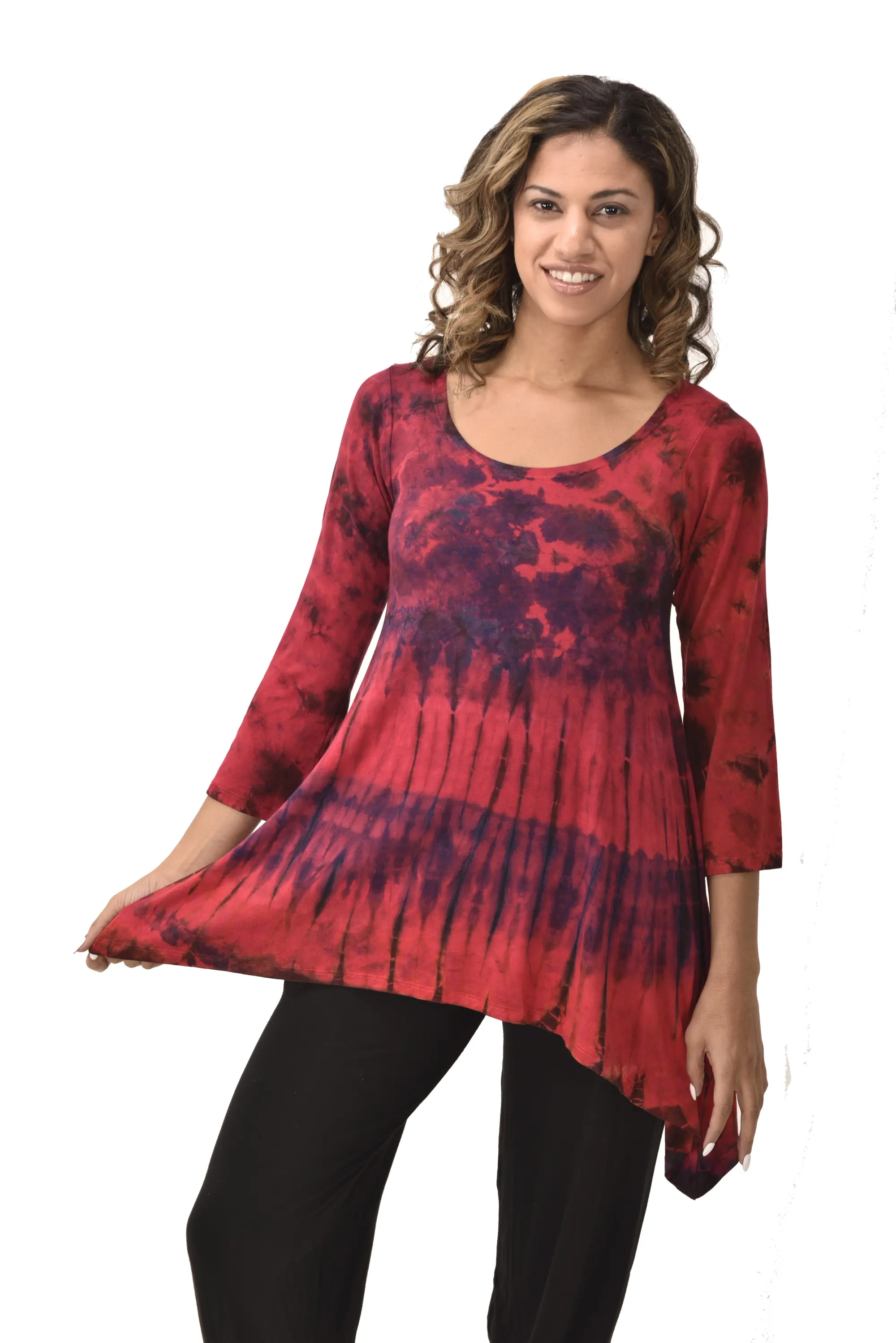 Top Three-Quarter Sleeve Tunic Tie Dye Mudmee Ikat style hand Painted on quality Rayon Spandex blended fabric Bohemian Chic Festival Skirt