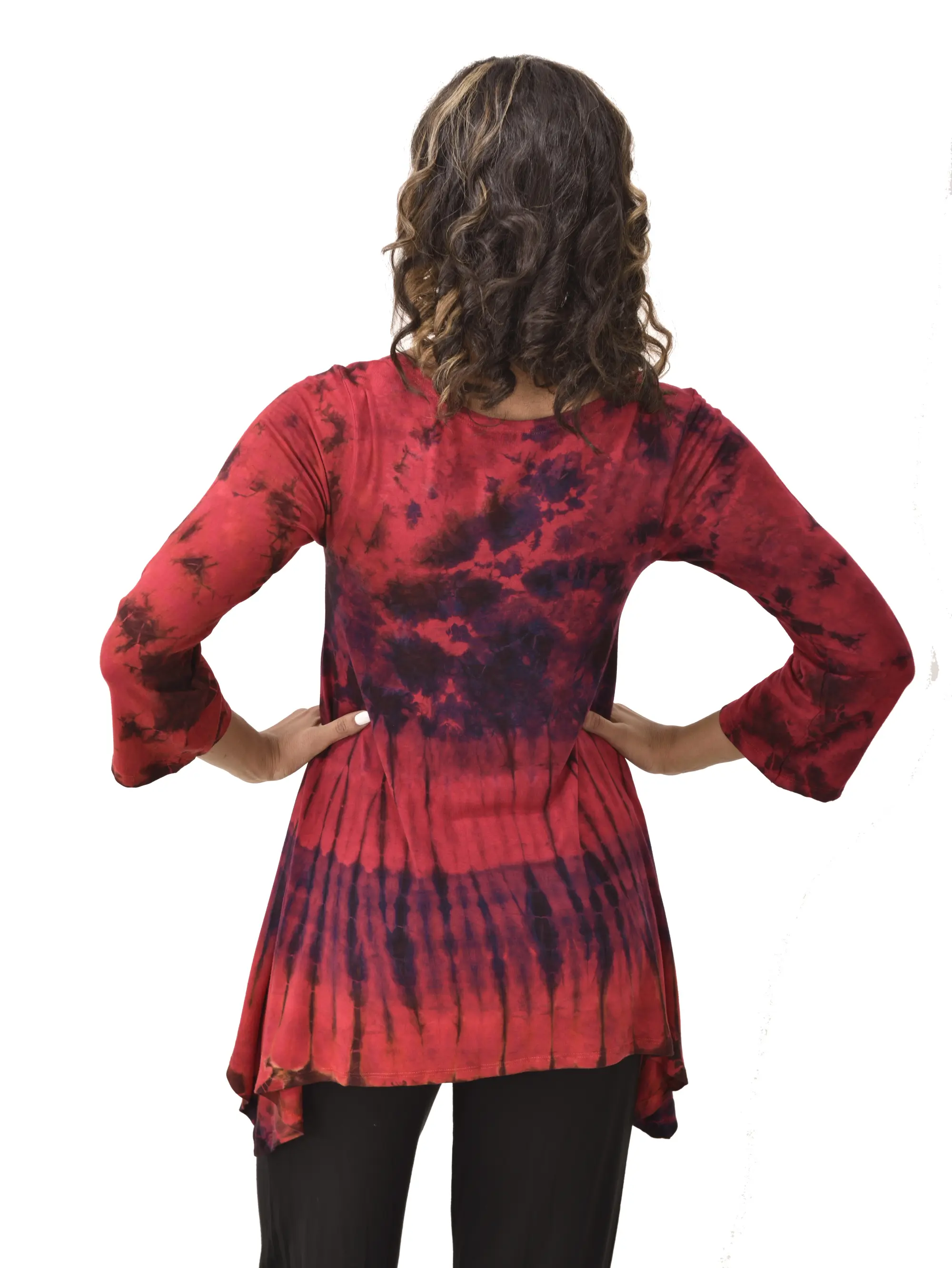 Top Three-Quarter Sleeve Tunic Tie Dye Mudmee Ikat style hand Painted on quality Rayon Spandex blended fabric Bohemian Chic Festival Skirt