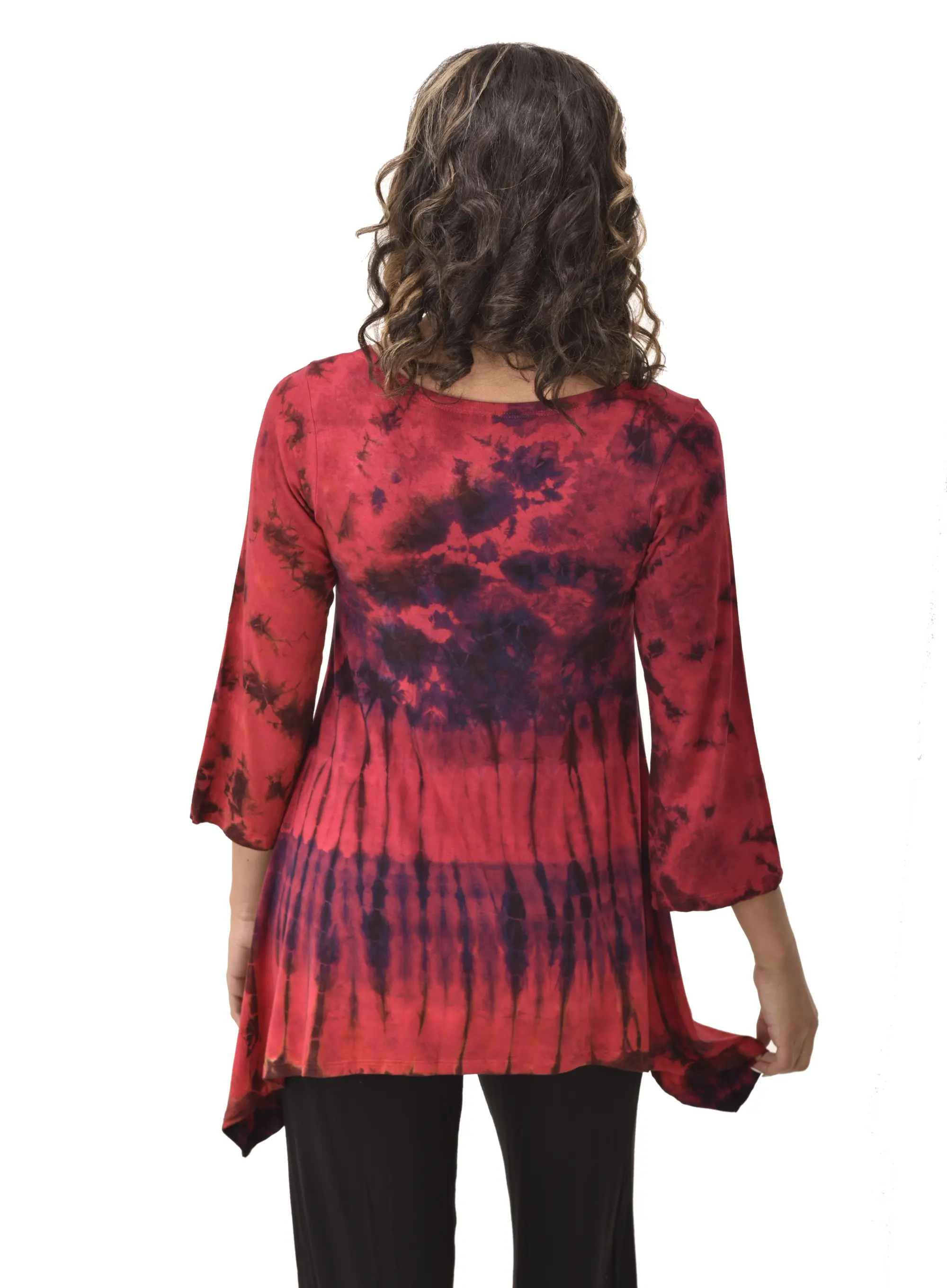 Top Three-Quarter Sleeve Tunic Tie Dye Mudmee Ikat style hand Painted on quality Rayon Spandex blended fabric Bohemian Chic Festival Skirt
