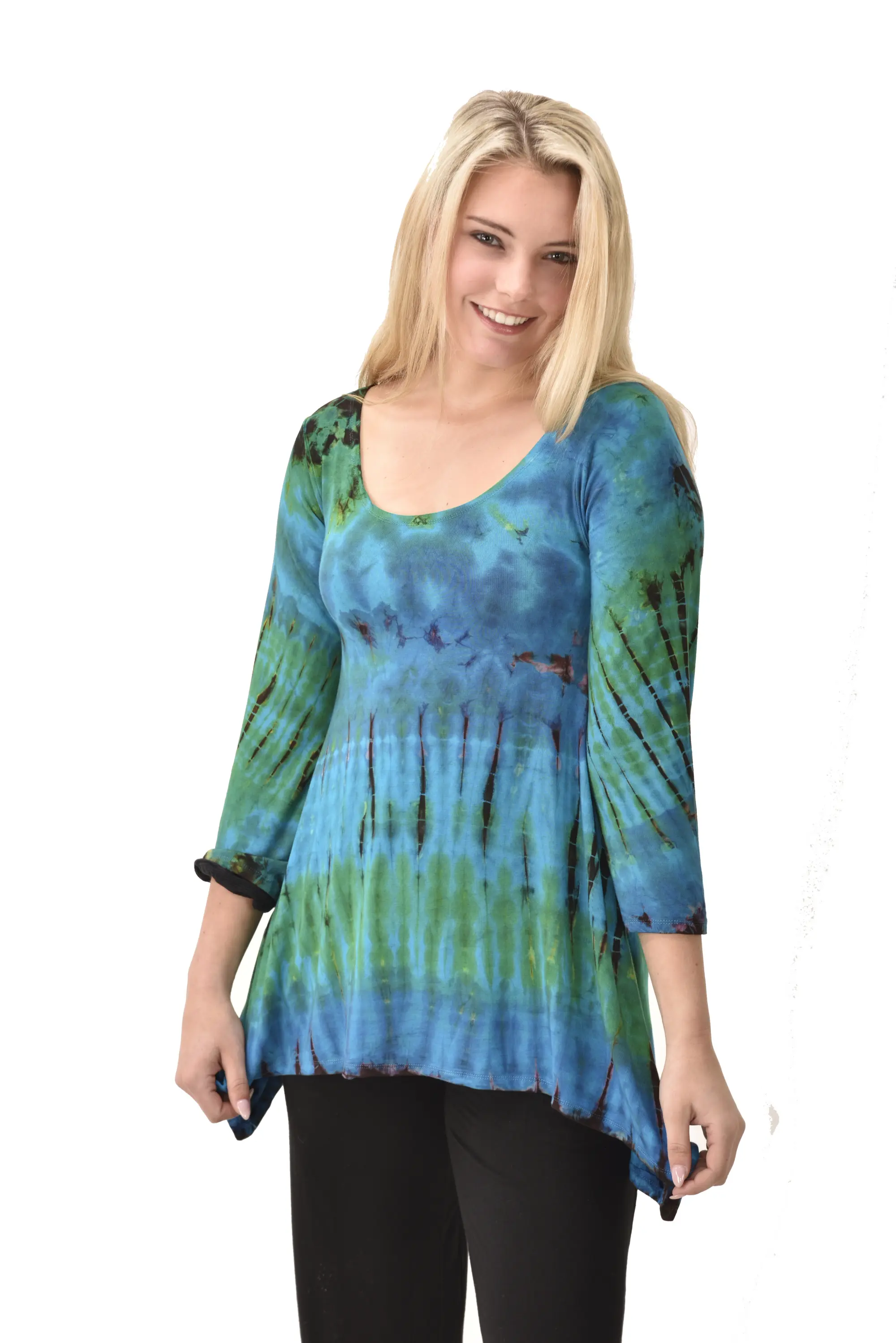 Top Three-Quarter Sleeve Tunic Tie Dye Mudmee Ikat style hand Painted on quality Rayon Spandex blended fabric Bohemian Chic Festival Skirt