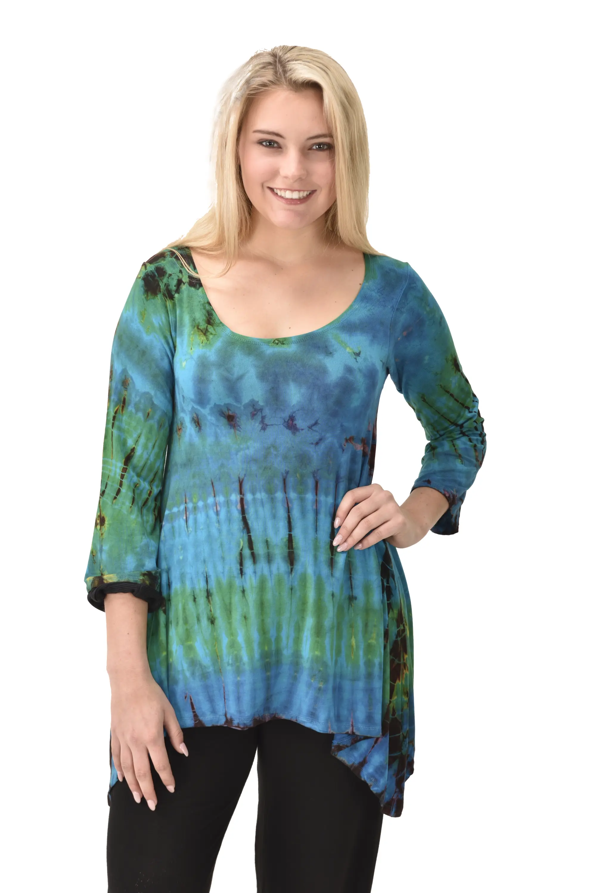 Top Three-Quarter Sleeve Tunic Tie Dye Mudmee Ikat style hand Painted on quality Rayon Spandex blended fabric Bohemian Chic Festival Skirt