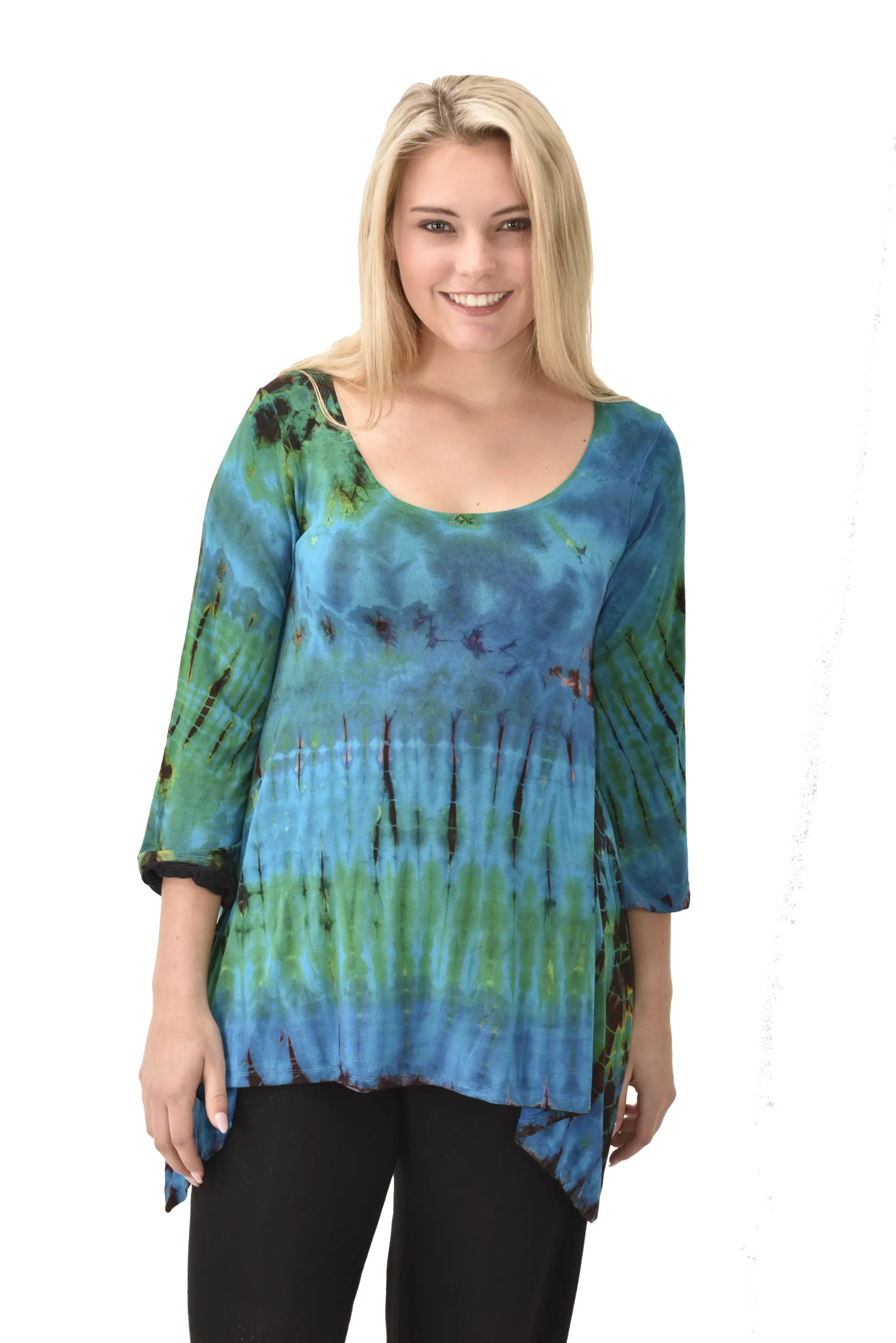 Top Three-Quarter Sleeve Tunic Tie Dye Mudmee Ikat style hand Painted on quality Rayon Spandex blended fabric Bohemian Chic Festival Skirt