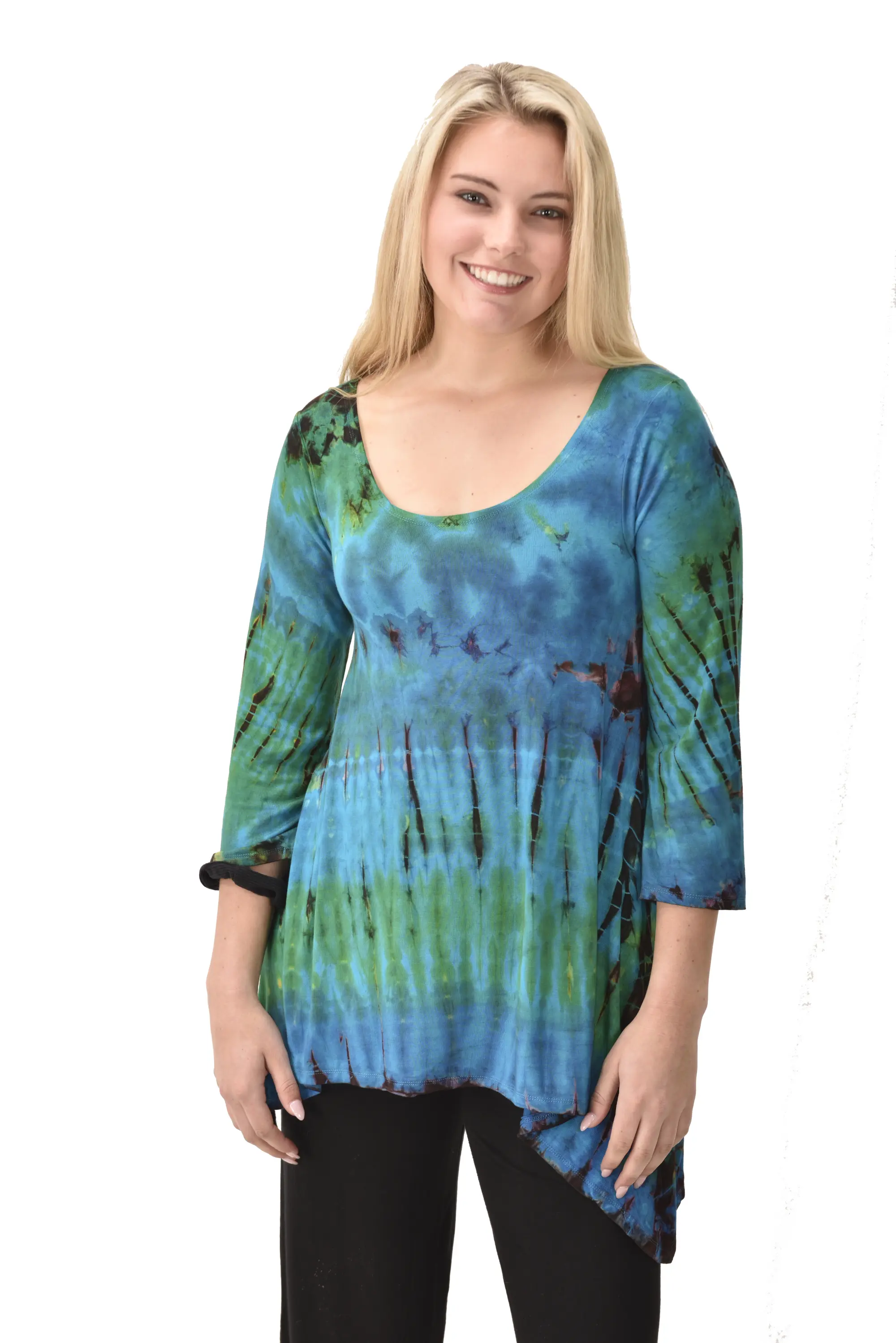 Top Three-Quarter Sleeve Tunic Tie Dye Mudmee Ikat style hand Painted on quality Rayon Spandex blended fabric Bohemian Chic Festival Skirt
