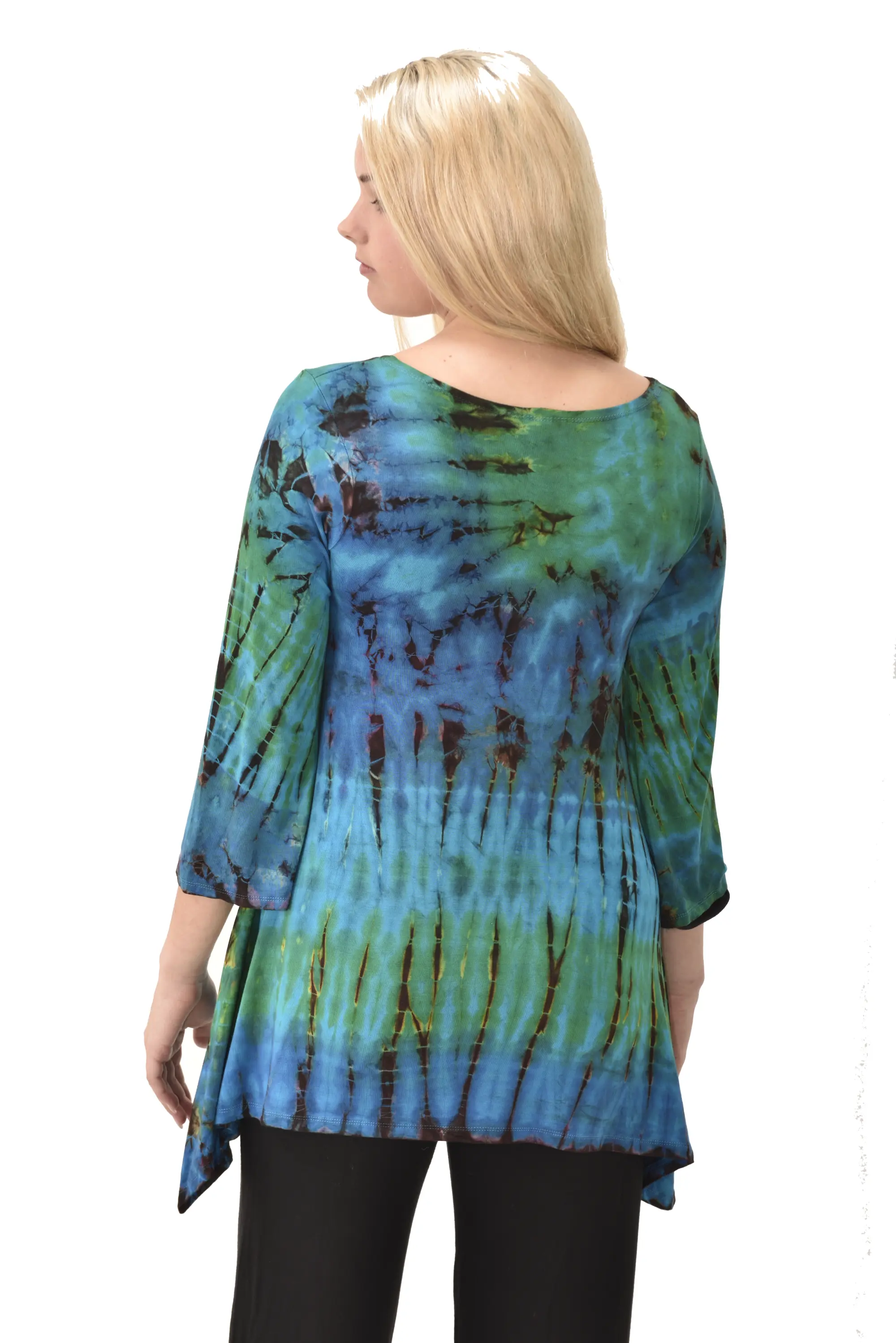 Top Three-Quarter Sleeve Tunic Tie Dye Mudmee Ikat style hand Painted on quality Rayon Spandex blended fabric Bohemian Chic Festival Skirt