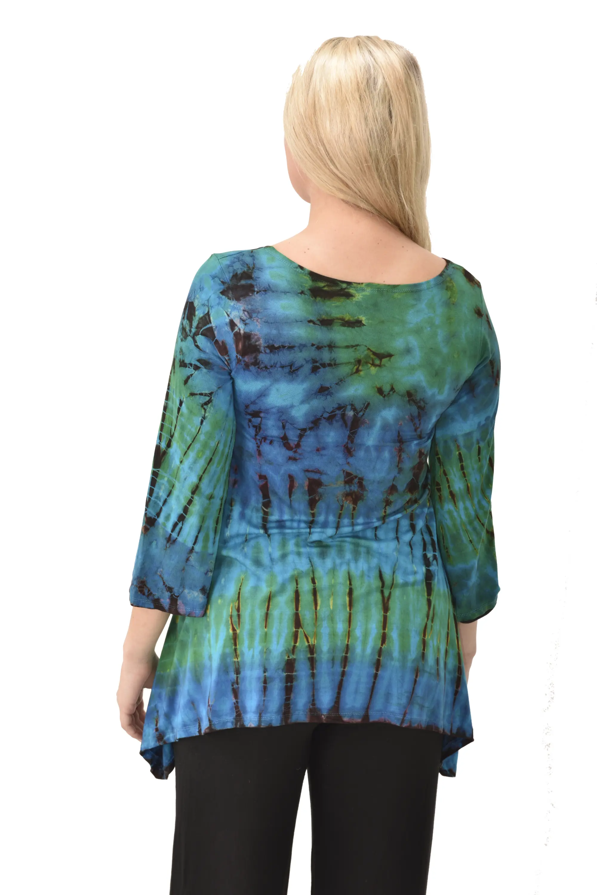 Top Three-Quarter Sleeve Tunic Tie Dye Mudmee Ikat style hand Painted on quality Rayon Spandex blended fabric Bohemian Chic Festival Skirt