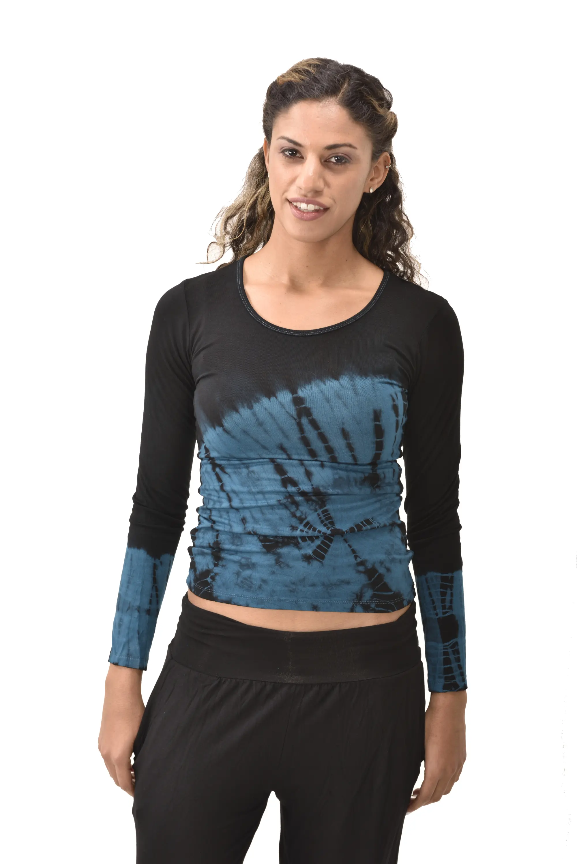 Top Long Sleeve hippy blouse mudmee Ikat style reverse hand painted Tie Dye on silky soft Spandex Rayon blended fabric festival tee