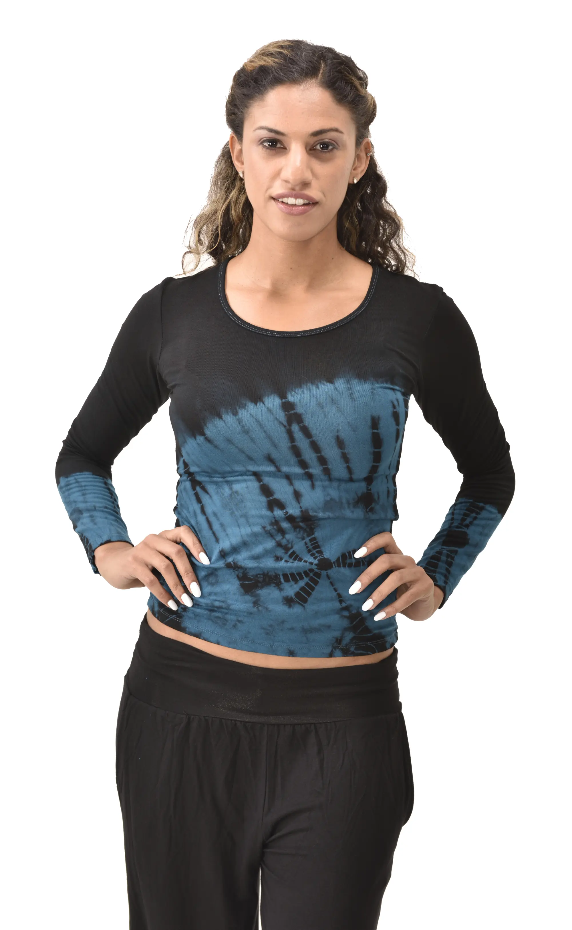 Top Long Sleeve hippy blouse mudmee Ikat style reverse hand painted Tie Dye on silky soft Spandex Rayon blended fabric festival tee