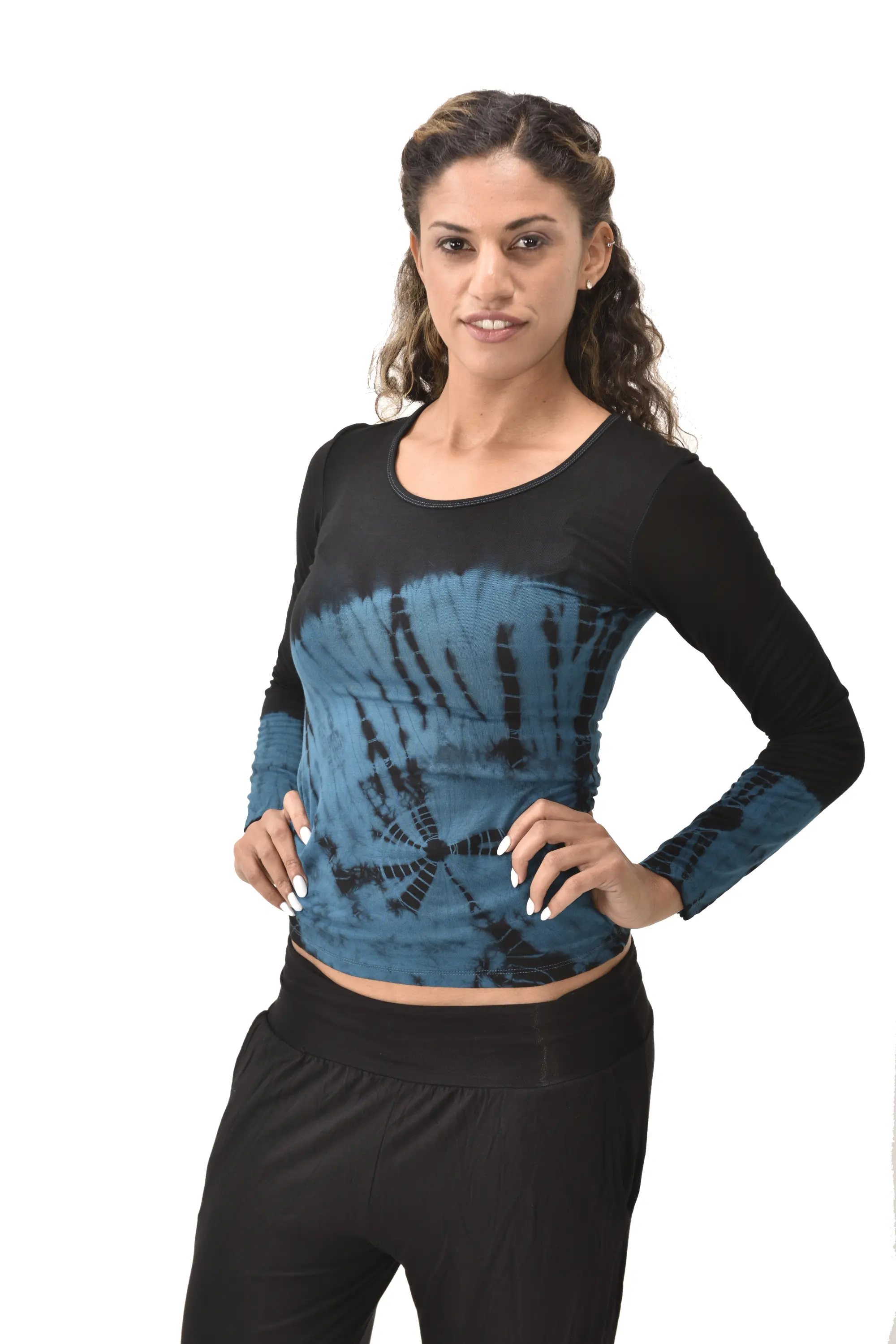 Top Long Sleeve hippy blouse mudmee Ikat style reverse hand painted Tie Dye on silky soft Spandex Rayon blended fabric festival tee